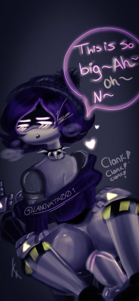 artist name, ass, chocker, dark background, female, glitch productions, lanovata001, male, male on female, moaning, murder drones, n (murder drones), purple eyes, purple hair, pussy, robot boy, robot girl, robot humanoid, screen face, straight, text, text bubble, uzi (murder drones), vaginal penetration