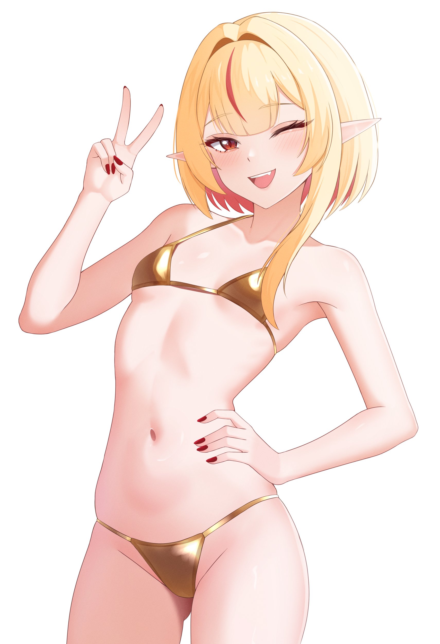 1girls, 2d, 2d (artwork), alternate costume, alternate hairstyle, belly button, bikini, bikini bottom, bikini top, blonde hair, blush, breasts, covered nipples, dsuzu, eternals (idol corp), fanart, fanart from twitter, female, female focus, female only, front view, golden bikini bottom, golden bikini top, golden swimsuit, high resolution, highres, idol corp, idol es, latam virtual youtuber, light skin, light-skinned female, looking at viewer, one eye closed, petite, petite body, petite female, pointy ears, red eyes, red hair, red nails, ruby runeheart, short hair, simple background, slim female, small breasts, smiling at viewer, solo, solo female, solo focus, standing, swimsuit, thong, thong bikini, two piece swimsuit, two-tone hair, virtual youtuber, vtuber, vtuberfanart, white background, young, younger female