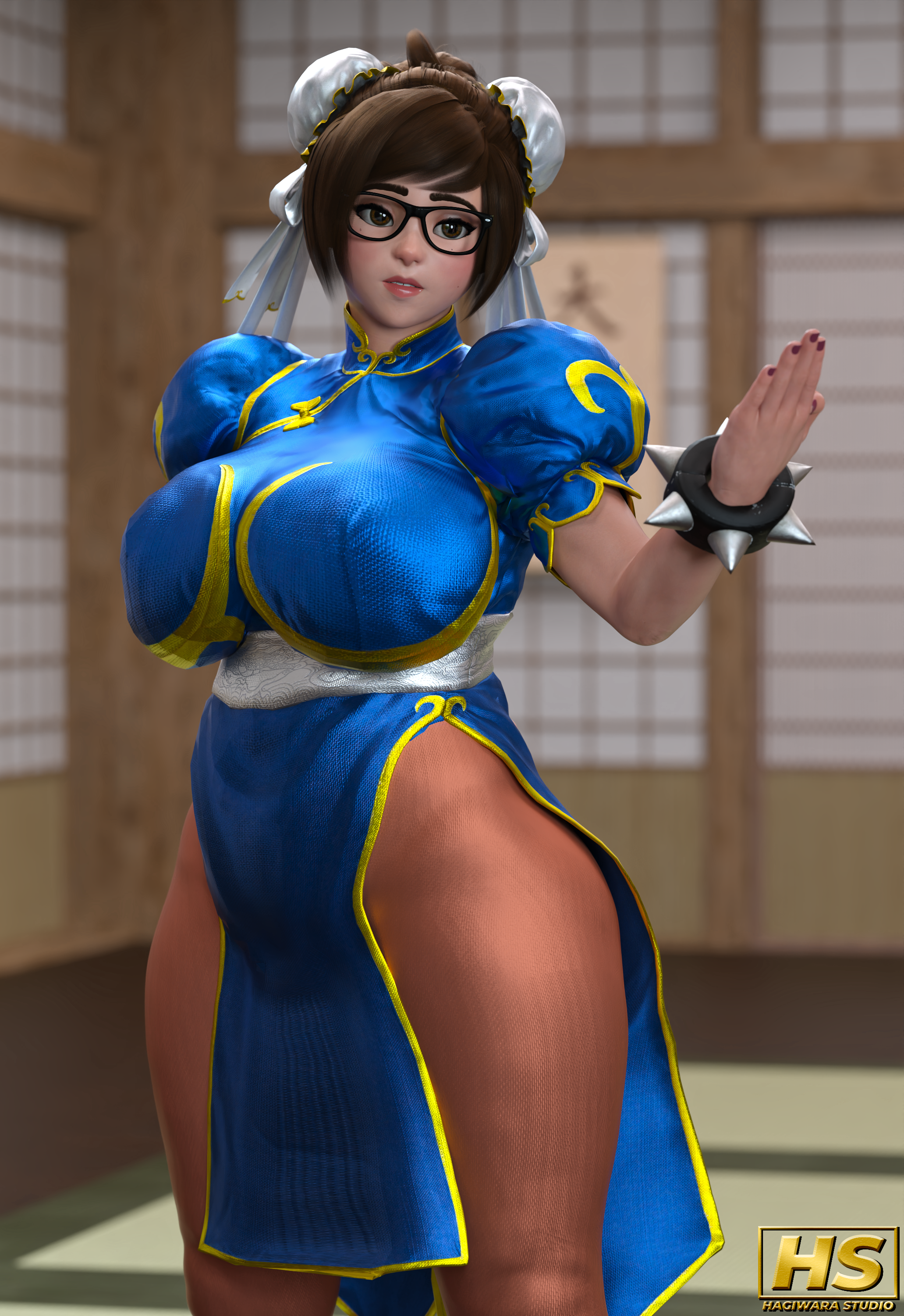 1girls, 3d, asian, asian female, bbw, blue dress, breasts, brown pantyhose, china dress, chinese clothes, chinese female, chun-li (cosplay), clothed, cosplay, dress, female, glasses, hagiwara studio, highres, huge breasts, mei (overwatch), overwatch, overwatch 2, overweight, pantyhose, solo, spiked bracelet, street fighter, street fighter ii, studio, thick thighs