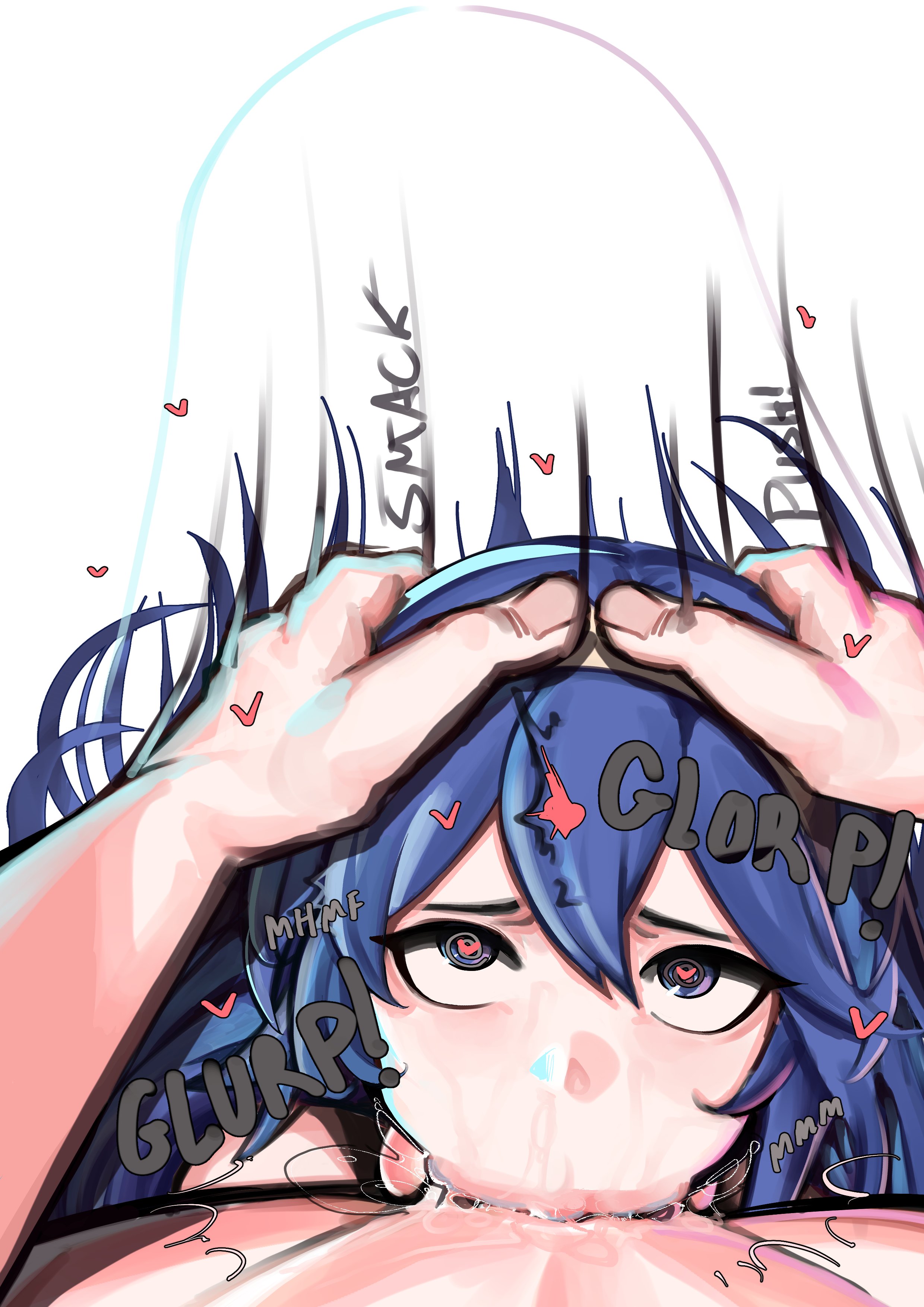 1boy, 2d, adore for, adore nice, all the way to the base, balls, balls deep, balls deep fellatio, deepthroat, fellatio, female, fire emblem, fire emblem awakening, hand on head, irrumatio, lucina (fire emblem), male, oral, pale skin, partial male, rough sex