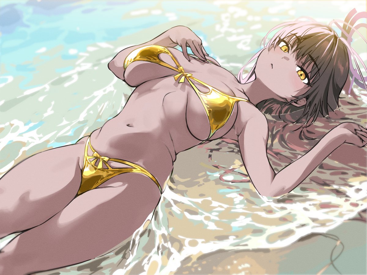 beach, bikini, blue archive, breasts, dark skin, dark-skinned female, female, gold bikini, golden week, golden week bikini, haimura kiyotaka, halo, karin (blue archive), large breasts, long hair, looking at viewer, navel, partially submerged, purple halo, satin bikini, shiny swimsuit, solo, stomach, swimsuit, water, wet, yellow bikini, yellow eyes