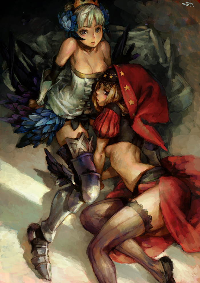 armor armored_dress boots breasts cleavage crown fcp female female_only gwendolyn_(odin_sphere) hat multiple_girls nipple_slip nipples odin_sphere siblings sisters thigh_boots thighhighs underboob velvet_(odin_sphere)