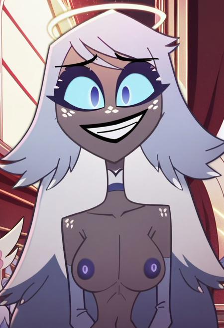 2d, ai generated, blue eyes, breasts, emily (hazbin hotel), female, freckles, hazbin hotel, headgear, long hair, naked, nervous, nervous smile, small breasts, smile, thin waist, vivienne medrano, white hair