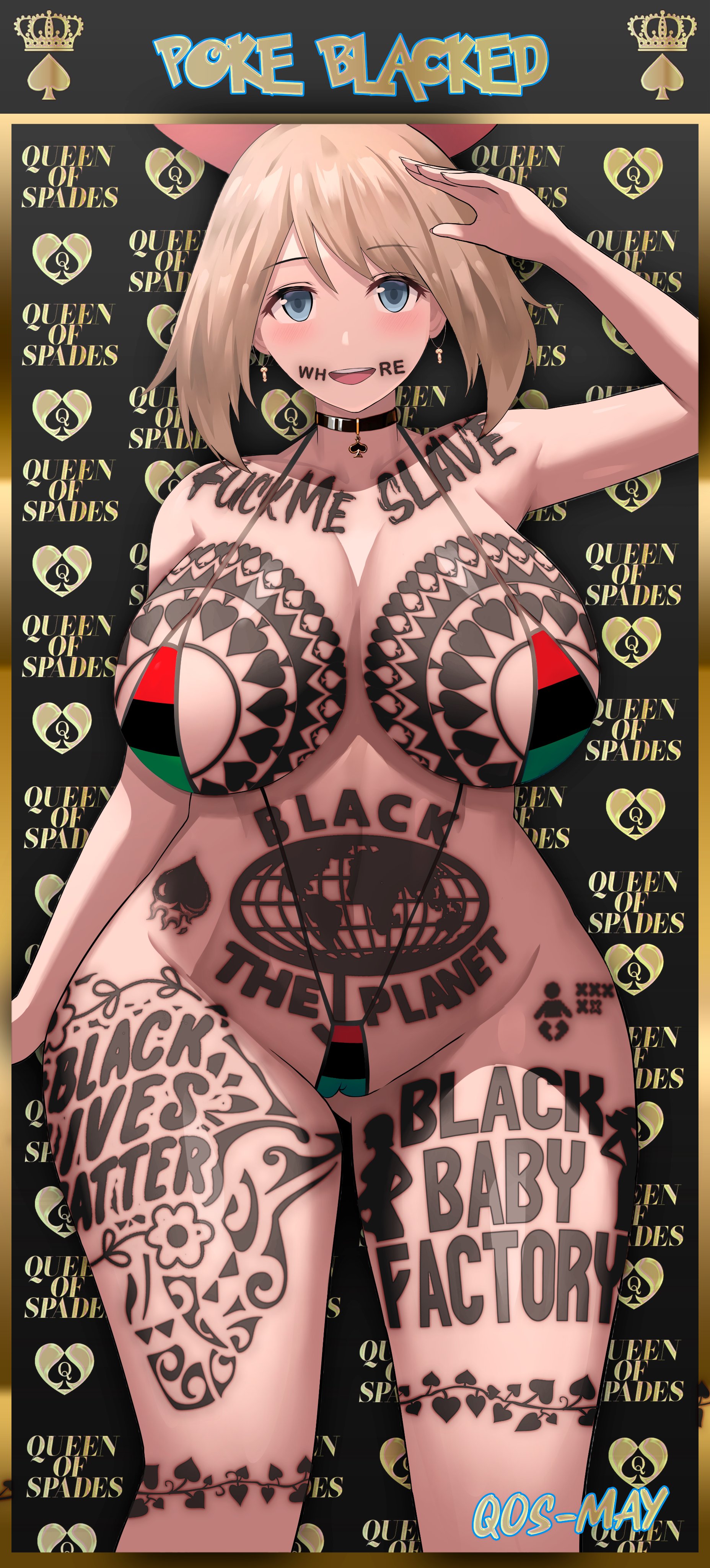 big breasts, bikini, breasts, built, cameltoe, female, may (pokemon oras), may (pokemon), milf, pan african colors, pregnant, pregnant female, pussy, qos, qos tattoo, queen of spades, raceplay, slave collar, snowbunny, text, thick thighs, third-party edit, whored out