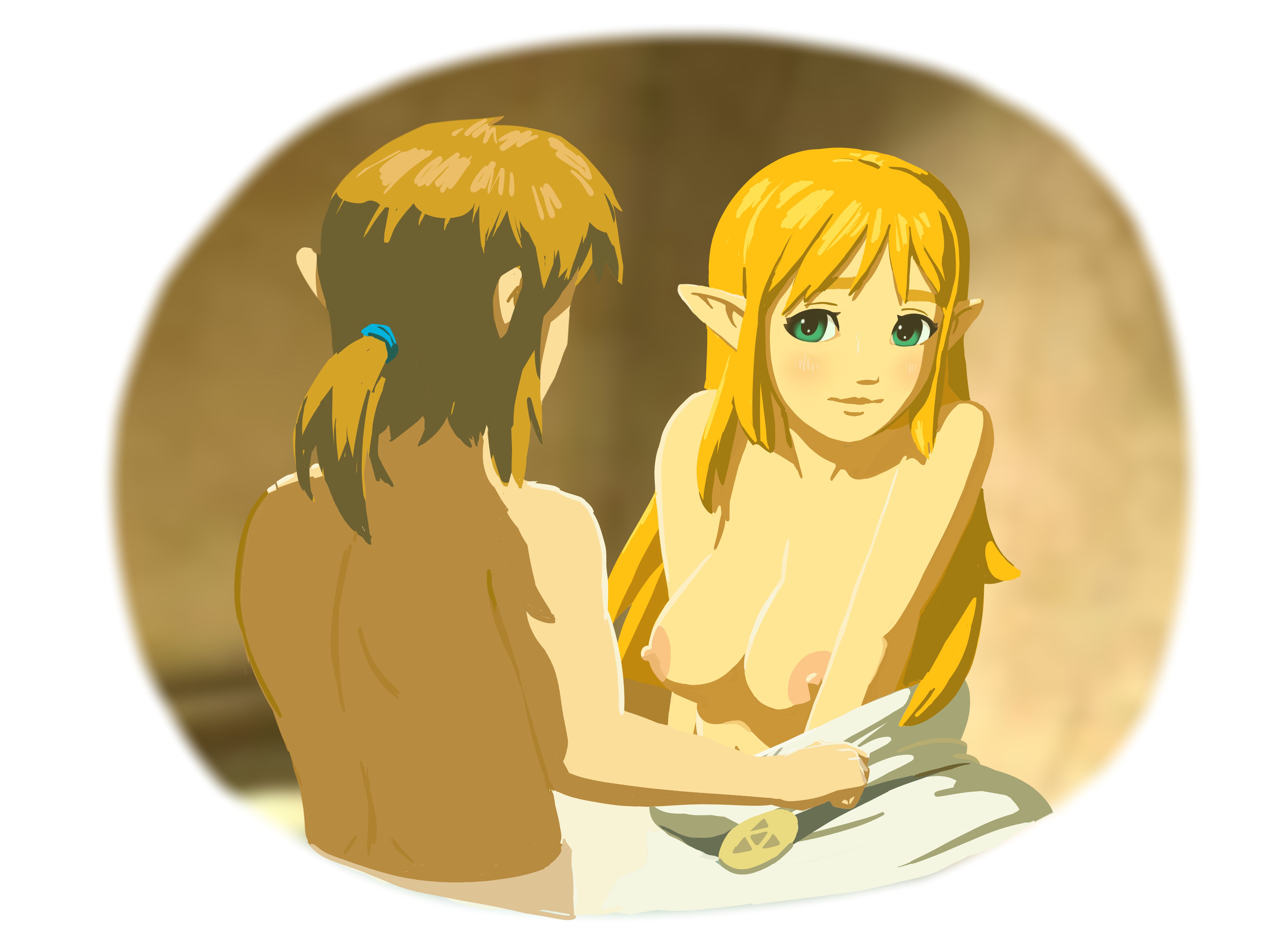 1boy, 1girls, background, blonde hair, breasts, breasts out, breath of the wild, domnirch, female, hylian, link, link (breath of the wild), male, pointy ears, princess zelda, smile, the legend of zelda, undressing, zelda (breath of the wild)