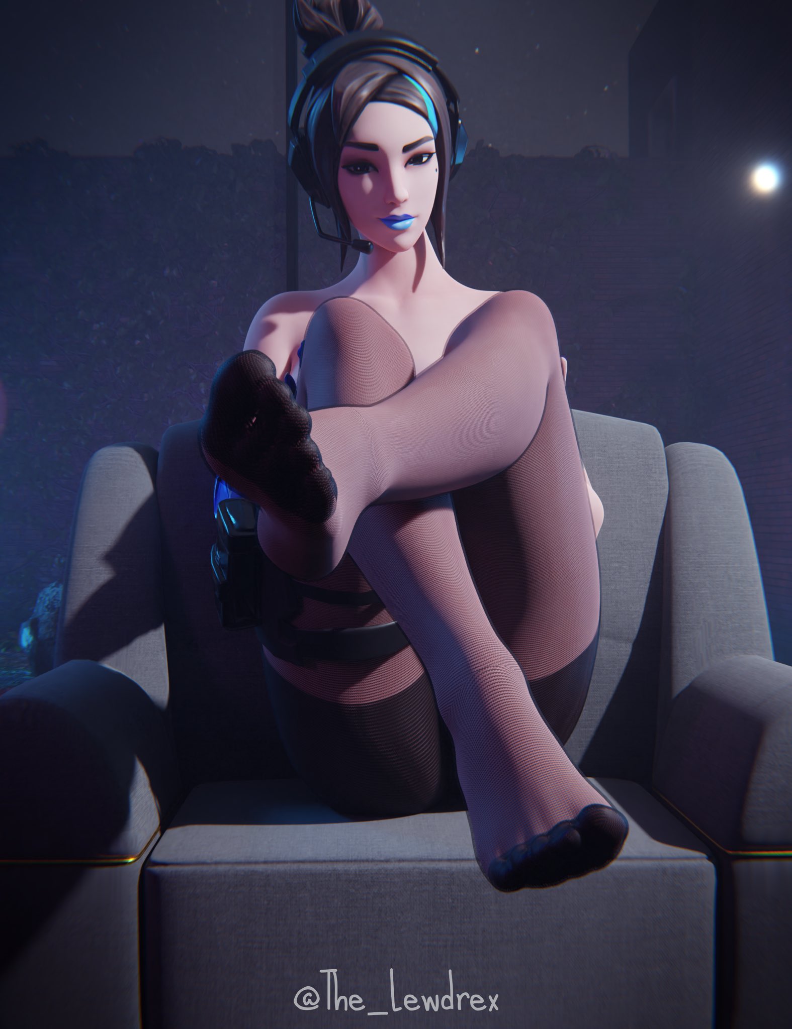 3d, black hair, blender, bottomwear, chair, demi (fortnite), detailed background, epic games, feet, female, female focus, female only, fishnet, fishnet legwear, fishnet pantyhose, fishnet stockings, fishnets, foot focus, fortnite, half naked, half-dressed, headset, headwear, legs up, lewdrex, light skin, light-skinned female, looking at viewer, mole, mole under eye, nude, nude female, pantyhose, sitting, solo, solo female, solo focus, topless, watermark