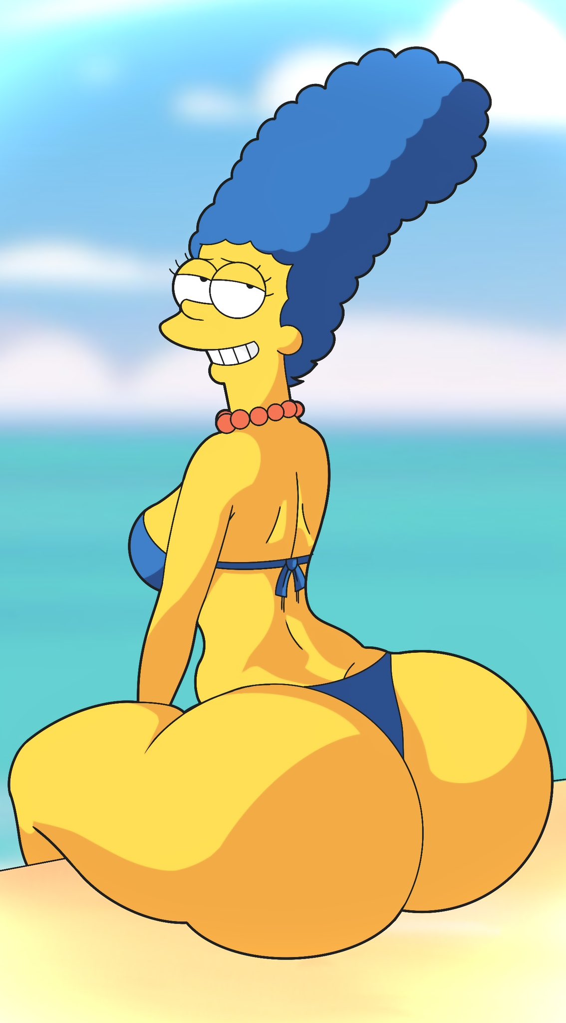 ass, beach, beach background, big ass, big breasts, big butt, blue bra, blue hair, blue thong, bra, breasts, bubble ass, bubble butt, chains, female, marge simpson, massive ass, massive butt, smiling, teasing, teasing viewer, the simpsons, whimsy (artist), yellow body