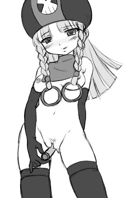 1girls blush braid braids breasts dildo elbow_gloves female female_pubic_hair girutaabo hagane_(artist) hat kuroi_miyuki long_hair masturbation mega_man mega_man_battle_network monochrome nipples nude pubic_hair pussy sex_toy small_breasts smile solo standing thighhighs