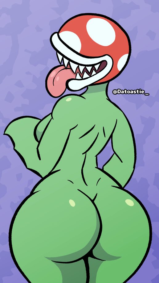 1girls, artist name, ass, ass bigger than head, ass focus, big ass, breasts, female, female only, green body, nintendo, piranha plant, sharp teeth, solo, solo female, solo focus, super mario bros., tongue, tongue out