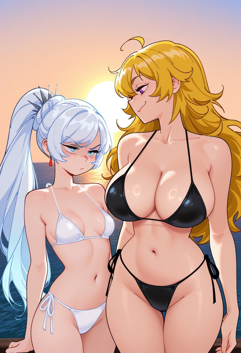 2girls, ai generated, annoyed, annoyed expression, beach background, big breasts, bikini, blonde female, blonde hair, breast envy, breasts, female, female only, long hair, meme, mother daughter boob envy (meme), rwby, small breasts, smile, smug, smug face, smug smile, tagme, weiss schnee, white hair, yang xiao long