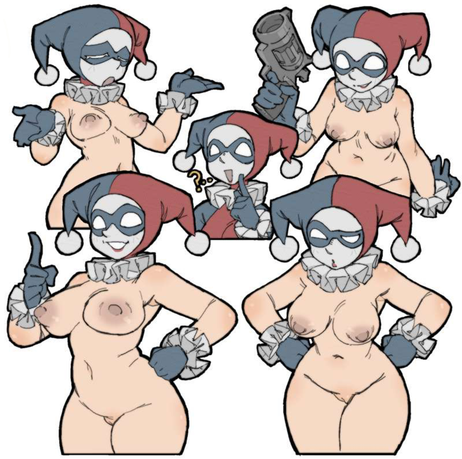 amlogamer, big breasts, breasts, casual, dc, dc comics, female, firearm, gun, handgun, handwear, handwear and footwear only, harley quinn, harley quinn (classic), headwear, human, jester, jester girl, jester hat, jester outfit, makeup, nipples, no pupils, nonsexual, nonsexual nudity, pale skin, pantsu ripper, pussy, question mark, revolver, solo female, villain, weapon