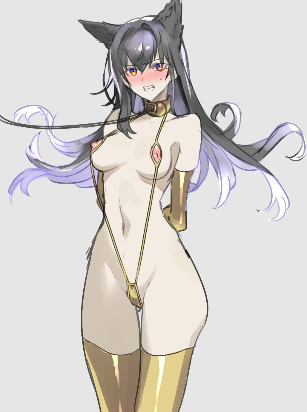 angry, animal ears, areolae, arknights, bound wrists, breasts, cupless bra, elbow gloves, female, female only, gold bikini, kemonomimi, nippleless clothes, sling bikini, texas (arknights), texas the omertosa (arknights), thighhighs, ukimukai