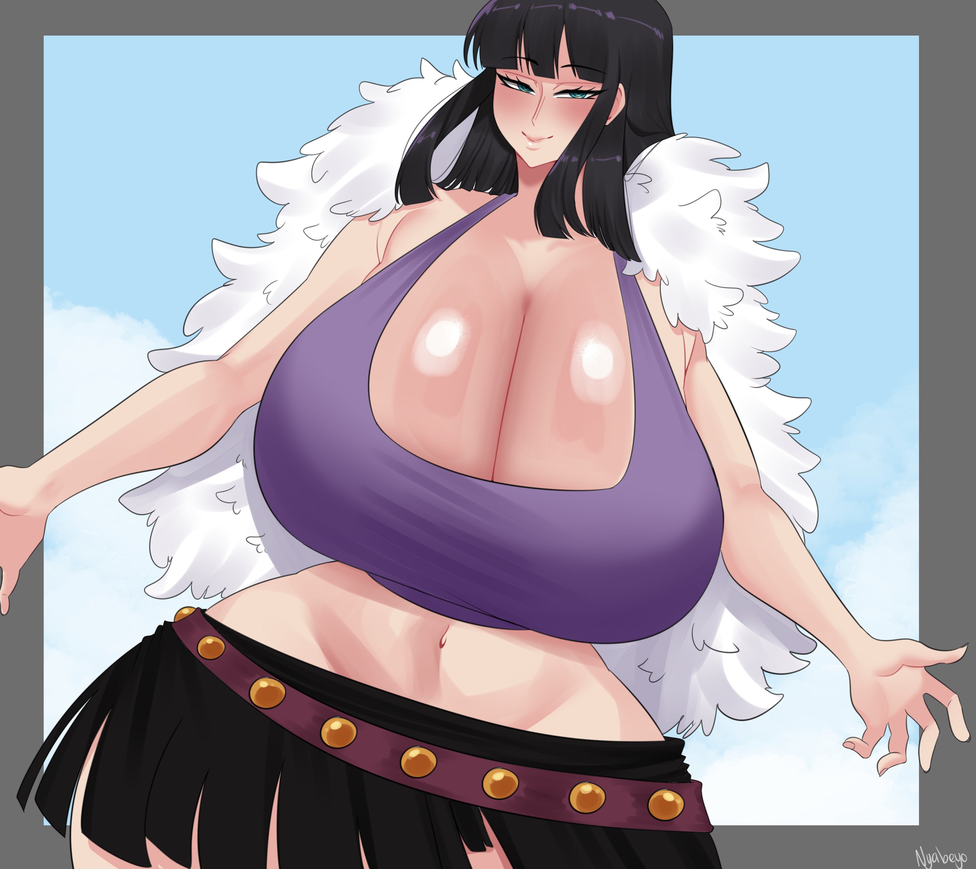 1girls, big breasts, black hair, breasts, breasts bigger than head, breasts bigger than torso, cleavage, clothing, female, female focus, female only, guabeyo, huge breasts, large breasts, large tits, massive breasts, massive tits, mature, mature female, nico robin, nyabeyo, one piece, pinup, shounen jump, skirt, solo, solo female, solo focus, tagme