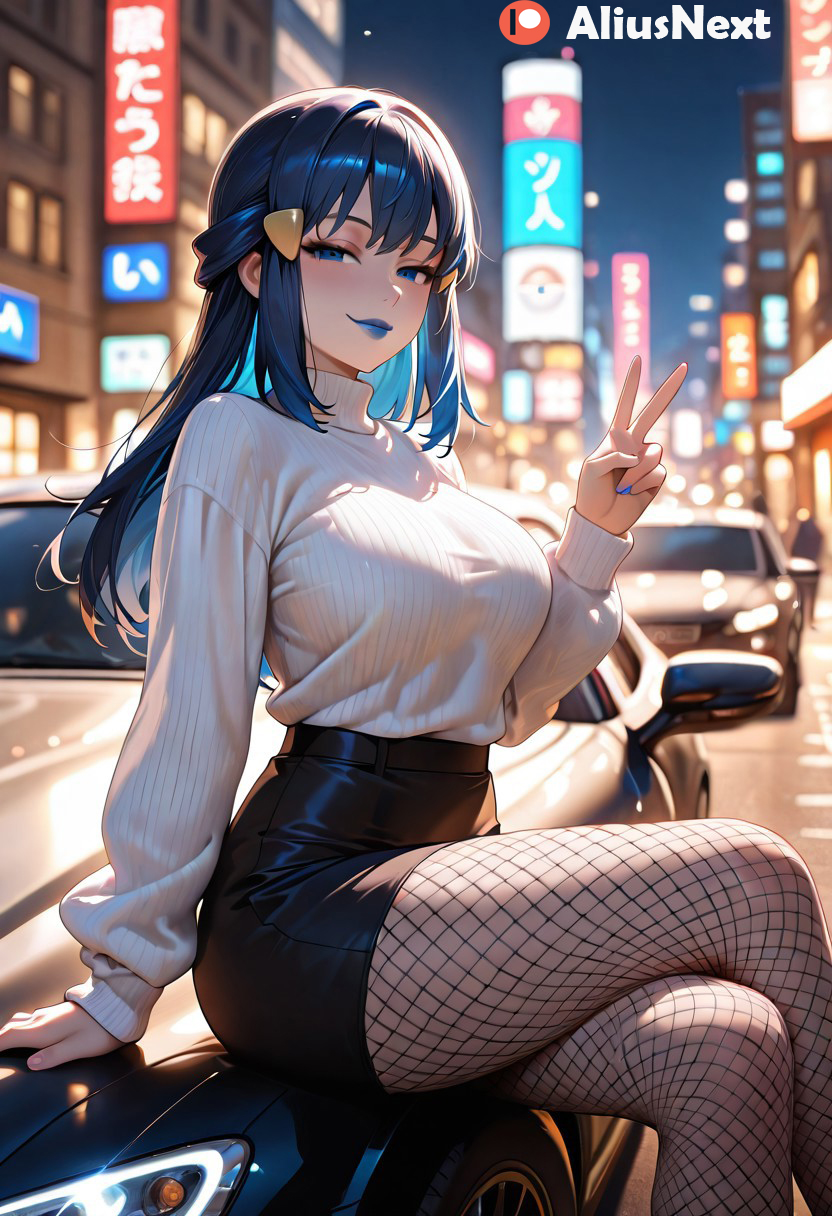 1girls, ai generated, aliusnext, ass, big ass, big breasts, blue eyes, blue hair, blue lipstick, blue nails, breasts, dawn (pokemon), female, female only, fishnets, light skin, light-skinned female, lipstick, mature, mature female, nail polish, patreon, peace sign, pokemon, sitting, thick, thick ass, thick hips, thick legs, thick lips, thick thighs, v