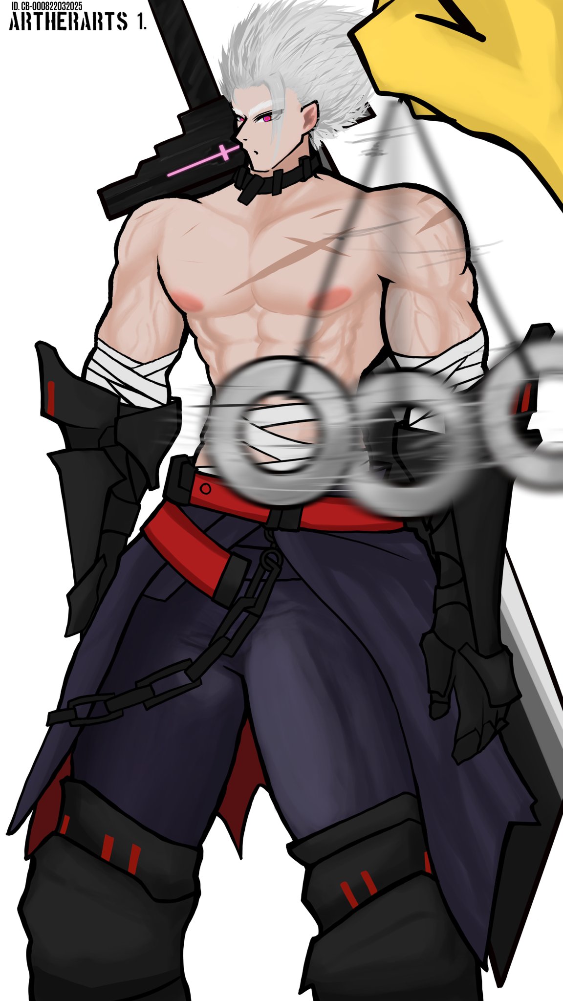 1boy albino artherarts bandages belt berserker berserker_(class) big_bulge big_sword blue_clothes blue_clothing bulge bulge_through_clothing bulge_under_clothes chains clothed clothed_male collar combat_suit gauntlet gauntlets generation_1_pokemon human hypno hypnosis hypnotized_male light-skinned_male long_hair long_hair_male looking_at_viewer muscles muscular muscular_male part_of_a_set partially_clothed partially_clothed_male pendulum pendulum_swing pendulum_swinging pink_nipples pokemon pokemon_(species) red_belt red_eyes scar scars scars_on_chest scars_on_shoulders sfw sfw_version showing_abs showing_chest showing_off showing_torso solo solo_male sword sword_on_back veiny veiny_muscles watermark white_hair white_hair_male
