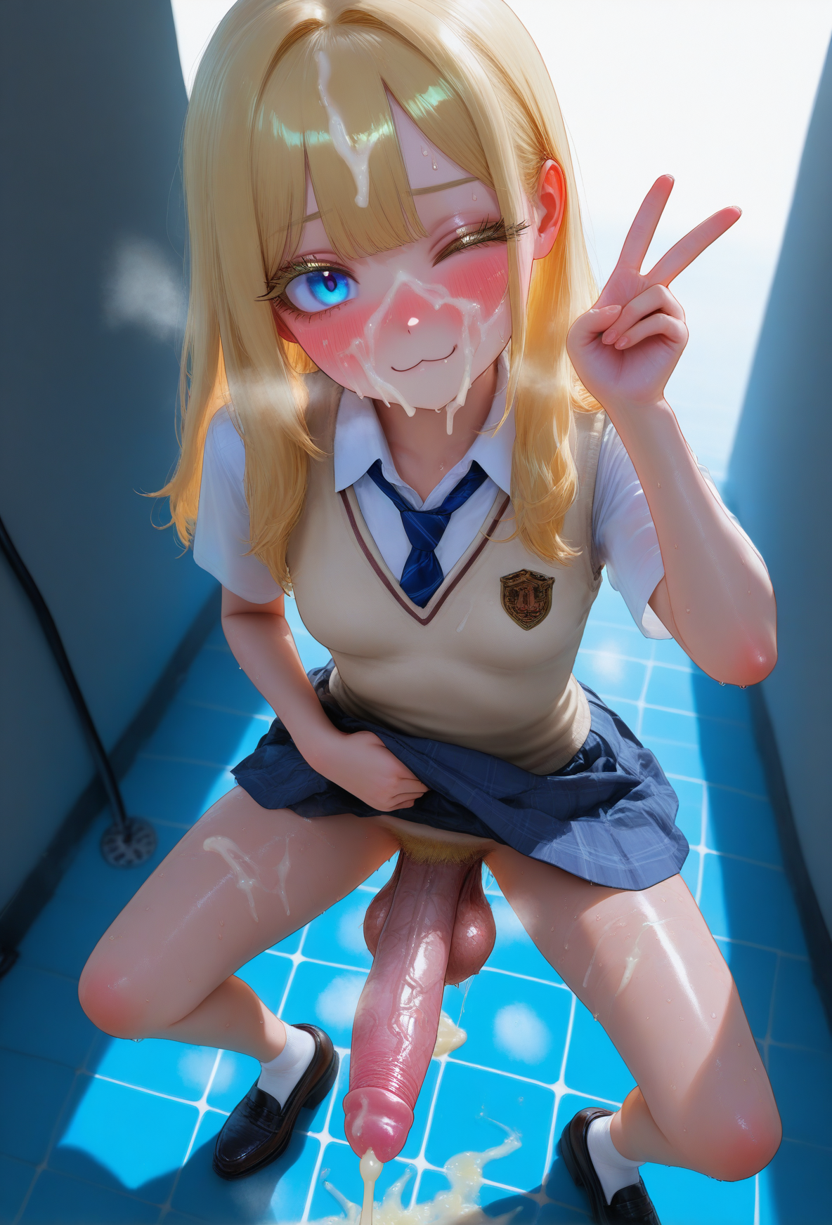 :3, 1futa, 1girls, after masturbation, ai generated, backlighting, balls, beige vest, big penis, blonde eyebrows, blonde hair, blue eyes, blush, bowlegged pose, breasts, cum, cum on face, cum on floor, cum on hair, cum on self, cute futa, devaster, dickgirl, ejaculation, erection, excessive cum, female, from above, futanari, heavy breathing, intersex, long eyelashes, long hair, looking at viewer, necktie, nervous smile, nervous sweat, peace sign, penis, pubic hair, realistic cum, school uniform, short sleeves, skirt, small breasts, smile, solo, standing, teenage futa, testicles, tile floor, veiny penis, vest, wink, winking at viewer, yellowish cum