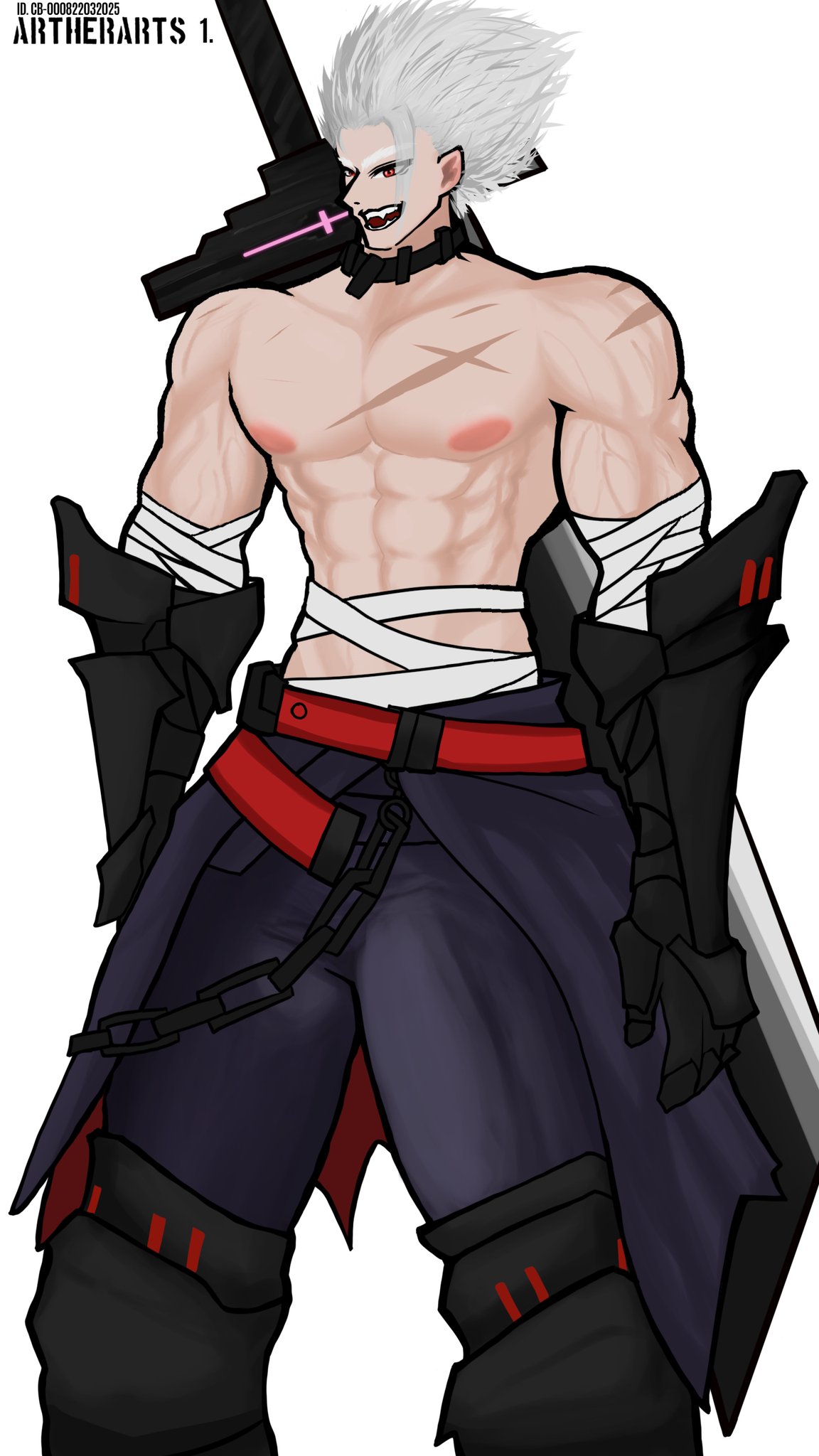 1boy albino artherarts bandages belt berserker berserker_(class) big_bulge big_sword blue_clothes blue_clothing bulge bulge_through_clothing bulge_under_clothes chains clothed clothed_male collar combat_suit gauntlet gauntlets human light-skinned_male long_hair long_hair_male looking_at_viewer male muscles muscular muscular_male open_mouth part_of_a_set partially_clothed partially_clothed_male pink_nipples pointy_teeth red_belt red_eyes scar scars scars_on_chest scars_on_shoulders sfw sfw_version showing_abs showing_chest showing_off showing_torso smile smiling solo solo_male sword sword_on_back veiny veiny_muscles watermark white_hair white_hair_male
