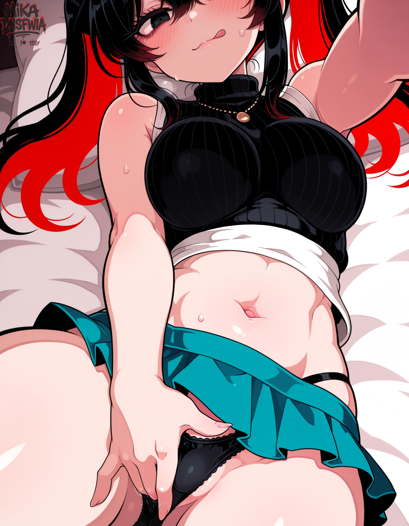 :p, ai generated, aqua skirt, black eyes, black hair, black panties, black sweater, breasts, colored inner hair, female, female masturbation, lying, medium breasts, microskirt, mikadnsfwia, multicolored hair, navel, on back, red hair, selfie, sleeveless sweater, solo, sono bisque doll wa koi wo suru, sugaya nowa, twintails, white shirt
