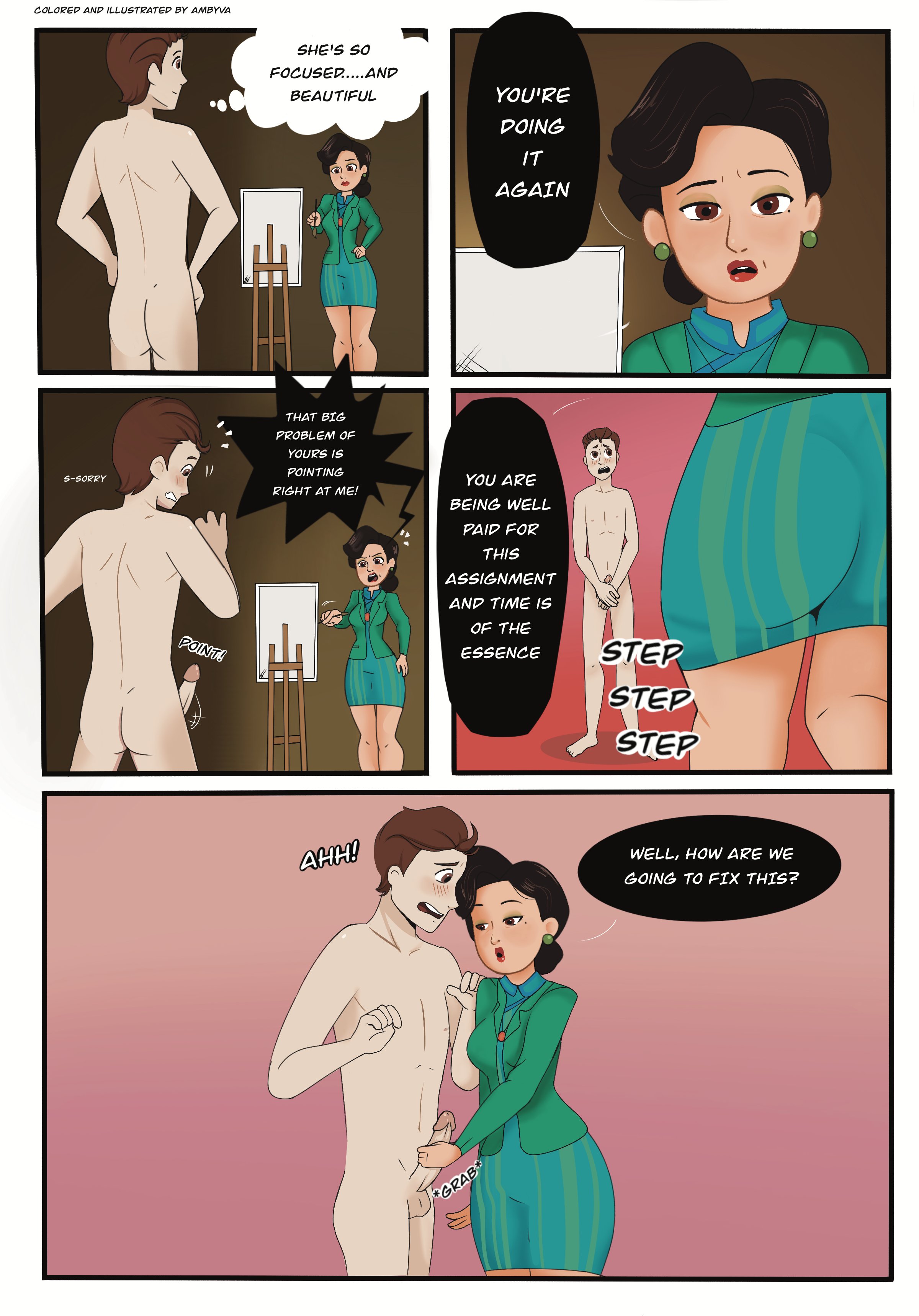1boy, 1girls, ambyva, ass, blush, boner, breasts, cfnm, clothed female nude male, dialogue, disney, english, english text, erection, female, handjob, male, male ass, male ass focus, male butt, male butt focus, milf, ming lee, modeling, nude, nude model, older female, older female and younger male, only one naked, penis, pixar, pixar mom, posing nude, turning red, wade (wadewilson91), wadewilson91