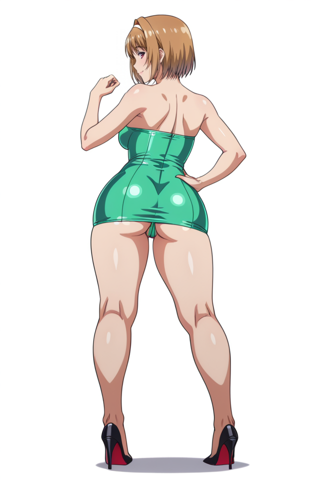 ai_generated ass brown_hair classroom_of_the_elite female from_behind green_dress green_sling_thong high_heels kushida_kikyou pale-skinned_female strapless strapless_dress thick_thighs thighs thong