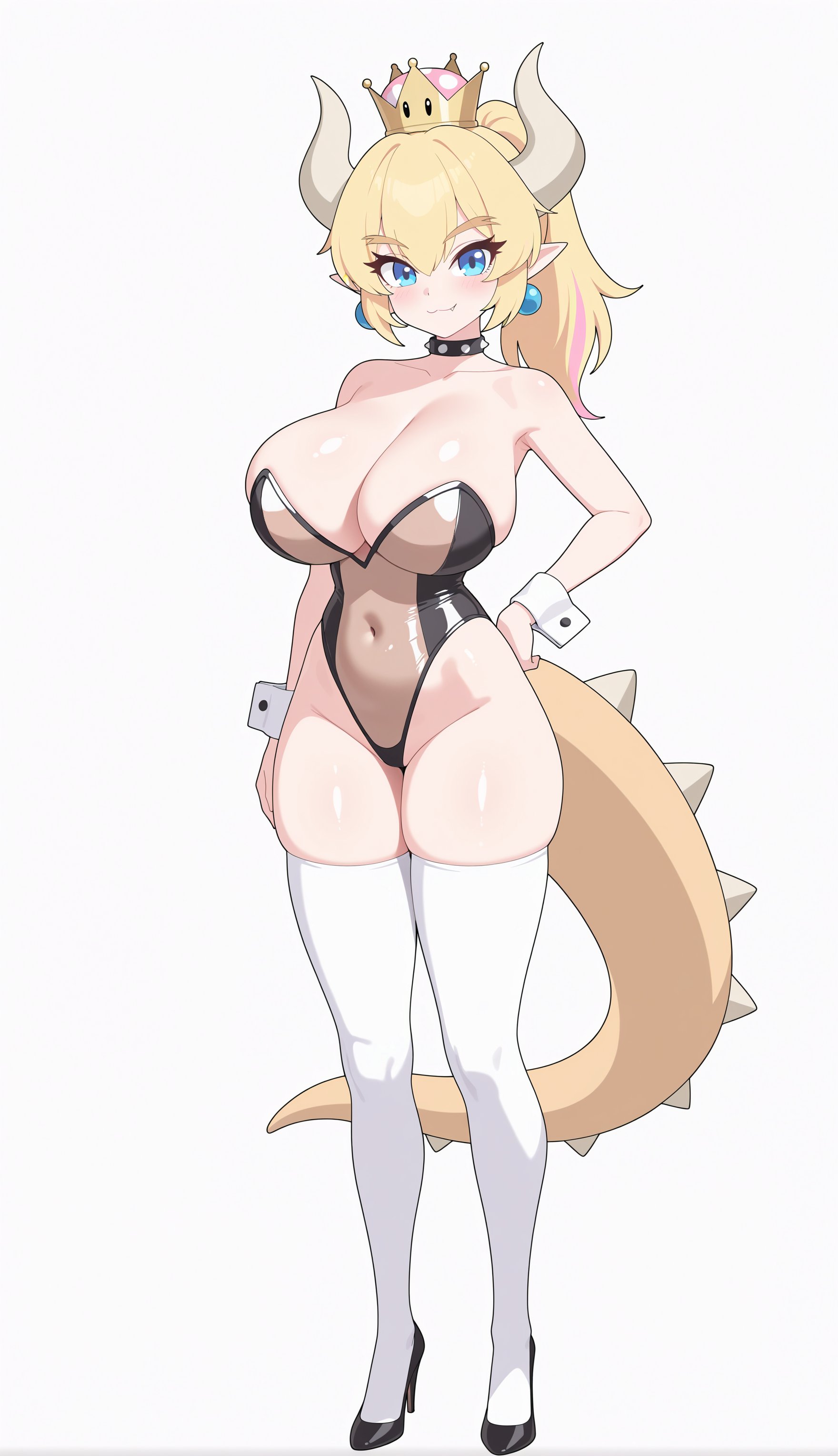 :3, 1girls, ai generated, bewitching thighs, blonde hair, bowser, bowsette, breasts, cleavage, female, high heels, horns, louboutin (shoes), mario (series), oerba yun fang, ponytail, rule 63, super crown, tail, thighhighs, yuribun