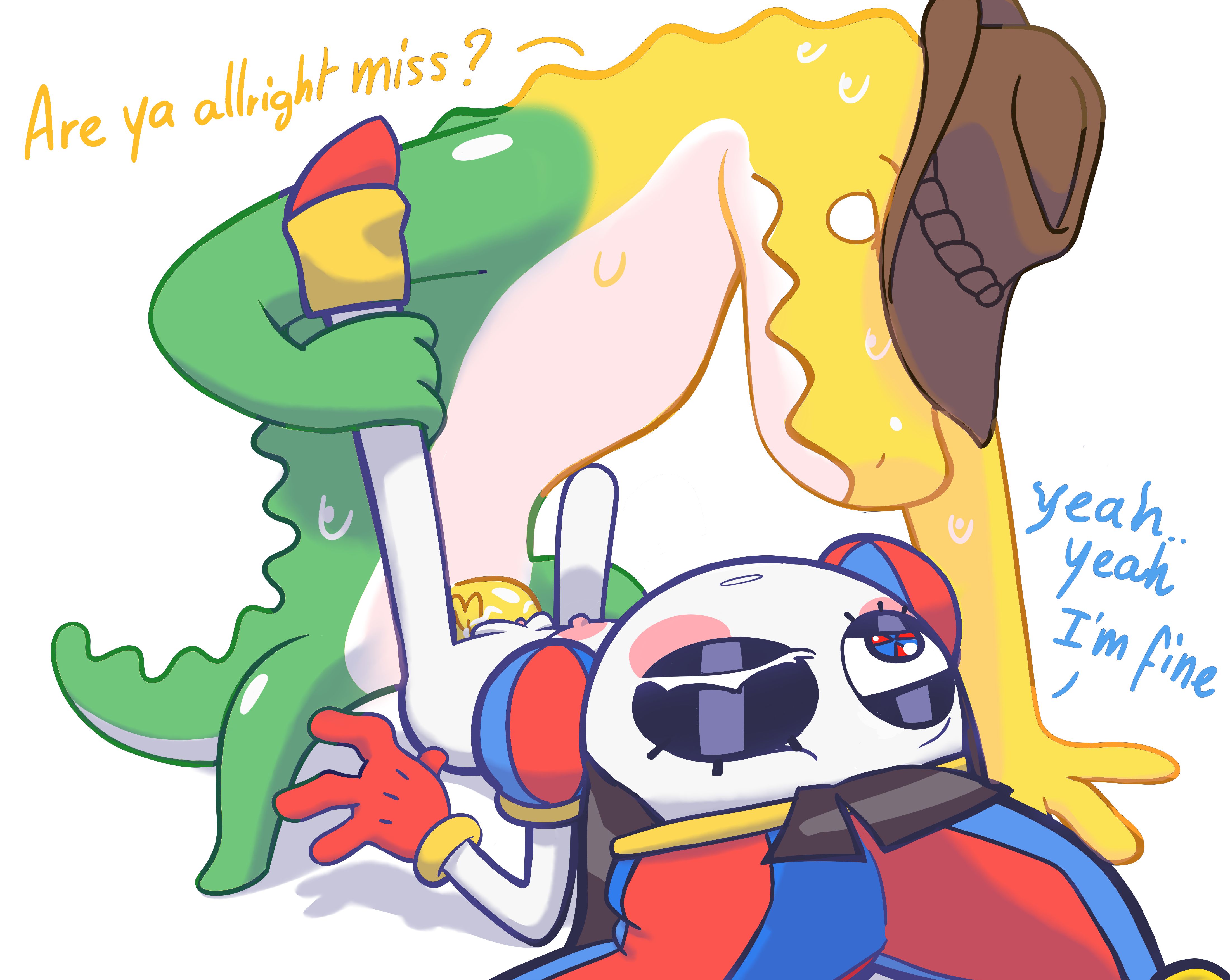 1boy, 1girls, breasts, breasts out, dialogue, domnirch, english text, female, glitch productions, gooseworx, gummigoo (the amazing digital circus), hat, male, penetration, pomni (the amazing digital circus), pussy, sex, straight, sweat, text, the amazing digital circus