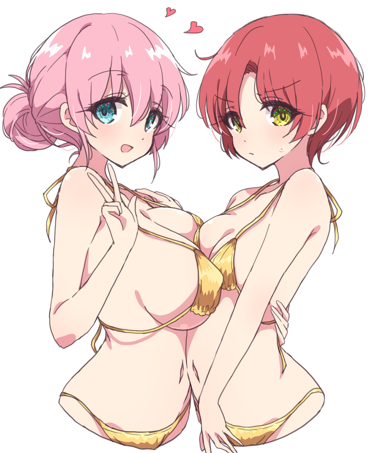 2girls, big breasts, bikini, bikini bottom, bikini top, blue eyes, bocchi the rock!, bottomwear, breast to breast, breasts, cleavage, female, female only, gold bikini, golden week, gotou michiyo, green eyes, hair, hair bun, heart, huge breasts, kita kuruyo, mature, mature female, melty pot, milf, mother, peace sign, pink hair, red hair, short hair, small breasts, smile, swimwear, topwear