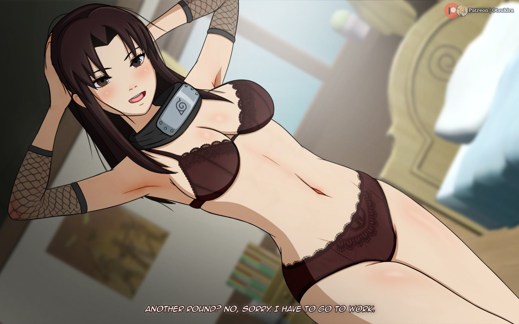 1girls, after sex, alternate hairstyle, arms behind head, arms up, bedroom, boruto: naruto next generations, bra, breasts, brown eyes, brown hair, cleavage, curvaceous, female, female only, fishnets, forehead protector, hair down, indoors, koikatsu, konohagakure symbol, lingerie, looking at viewer, midriff, naruto, naruto (series), naruto shippuden, otsukira, panties, pinup, shoulder length hair, slim waist, smile, solo, talking, talking to viewer, tenten, text, watermark, wide hips