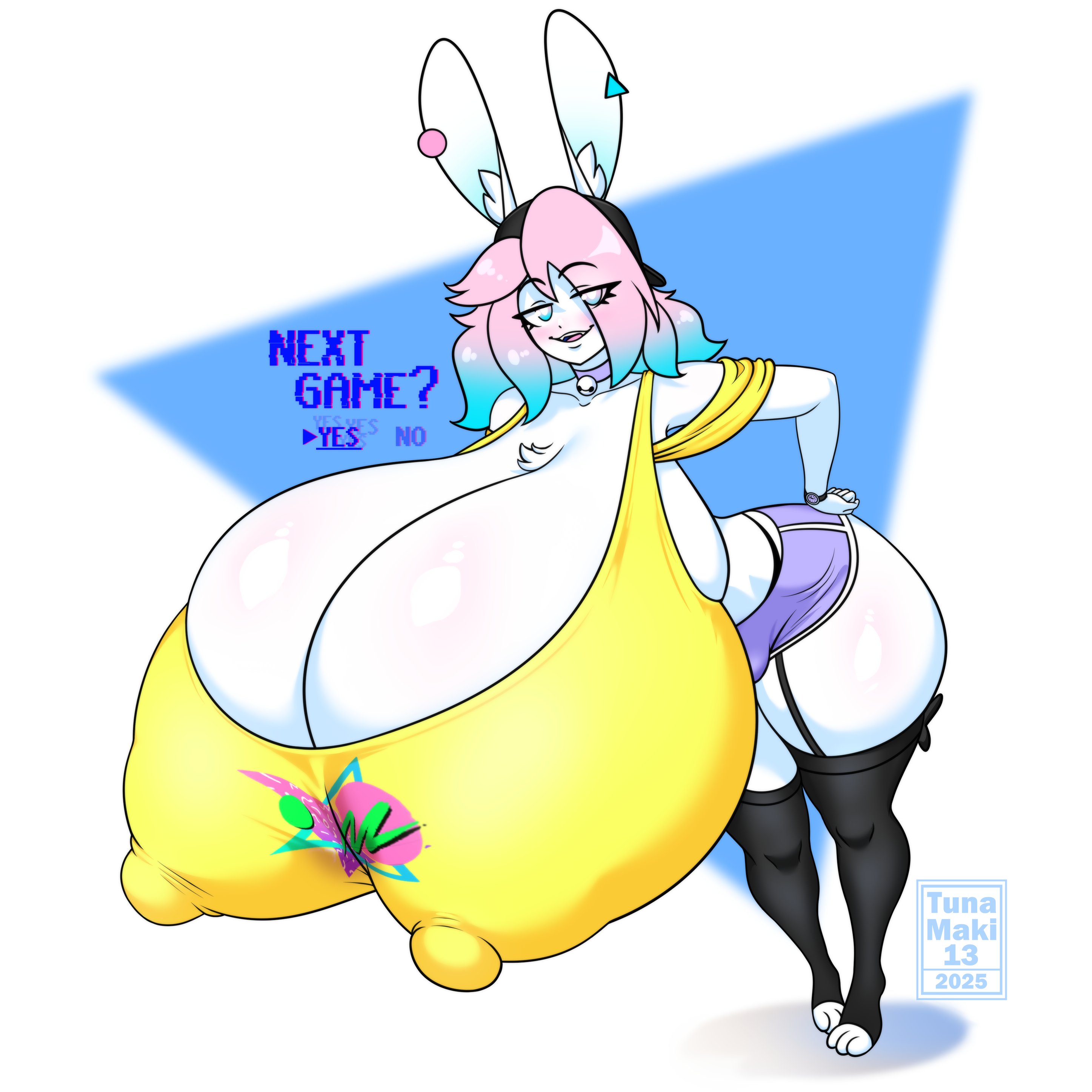 1boy, big breasts, breasts, bulge, busty male, cleavage, furry, gradient hair, huge breasts, hyper breasts, male, male with breasts, peanut butter (theycallhimcake), pink hair, solo male, thick thighs, tunamaki13, two-tone hair, white fur, wide hips