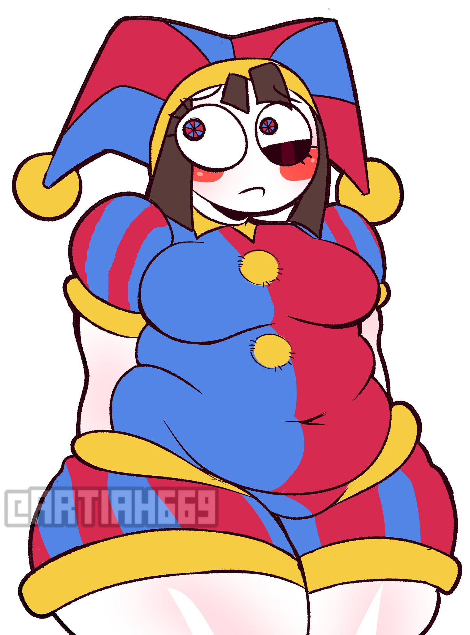 artiah669, ass, bbw, belly, big ass, big thighs, breasts, chubby, chubby female, fat, fat ass, fat female, fat thighs, female, female focus, female only, fleshpie669, glitch productions, huge thighs, jester, jester hat, jester outfit, multicolored clothing, multicolored eyes, nervous, overweight, pomni, pomni (the amazing digital circus), the amazing digital circus, thick, thick ass, thick thighs, thighs, tummy, wide hips