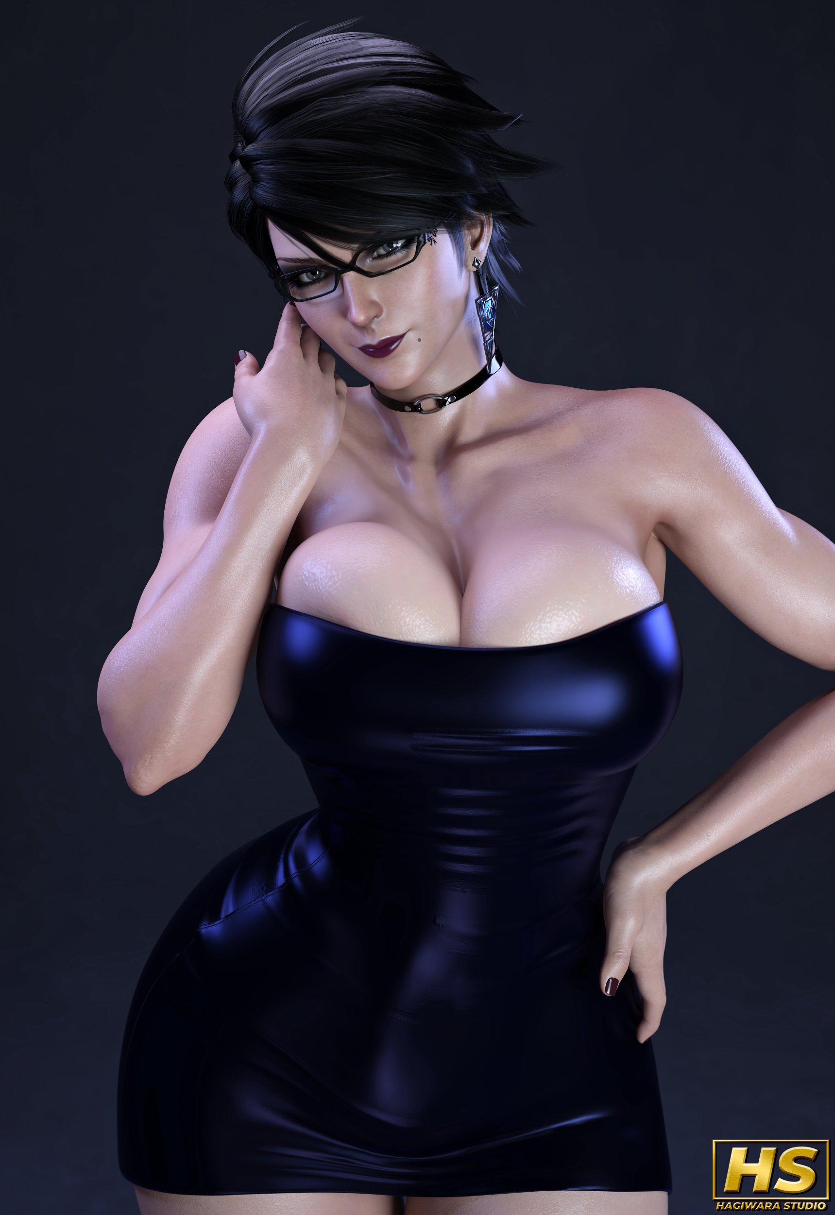 1girls, 3d, ass, bayonetta, bayonetta (character), bayonetta 2, beauty mark, big ass, big breasts, black hair, breasts, bursting breasts, cleavage, dress, earrings, female, female only, glasses, hagiwara studio, makeup, overflowing breasts, short dress, skimpy, skimpy clothes, skimpy dress, solo, thick thighs