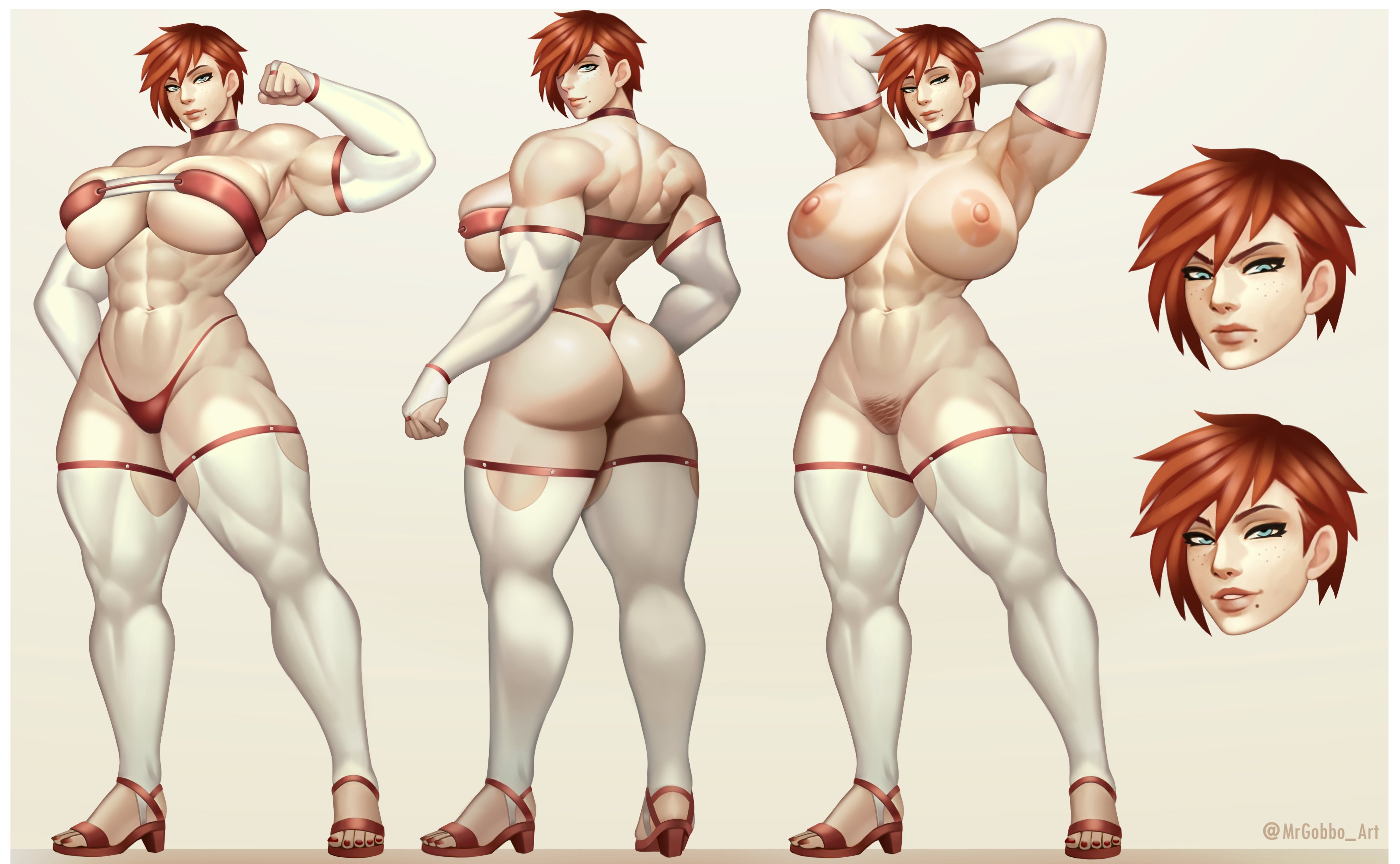 1girls, 2025, abs, absurd res, areolae, armwear, ass, big breasts, blue eyes, breasts, character sheet, choker, female, female only, flexing, flexing bicep, freckles, hands behind head, heels, large breasts, legwear, looking at viewer, model sheet, mole, mole under mouth, mostly nude, mrgobbo, muscles, muscular, muscular female, naked footwear, nipples, oc, original character, panties, partially clothed, pubic hair, red hair, reference sheet, short hair, smiling, smiling at viewer, solo, solo female, thick ass, thick thighs, topwear, white armwear, white background, white legwear