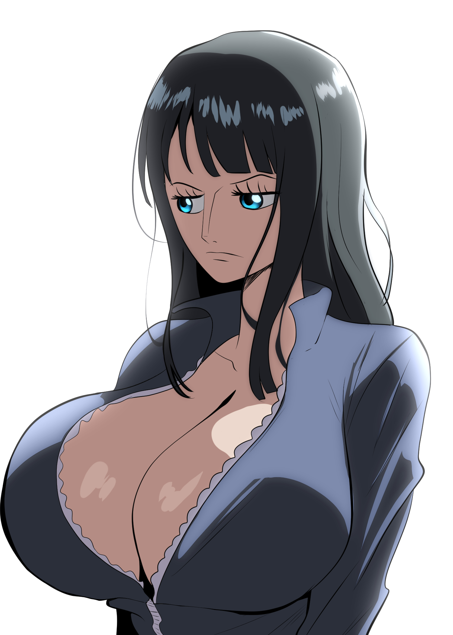 1girls, about to burst, anime, anime girl, ass, barely contained, barely contained breasts, barely fits, big ass, big breasts, black dress, black hair, black-haired female, blue eyes, boob window, breast focus, breasts, breasts apart, breasts bigger than head, breasts too big, bursting breasts, cleavage, clothing, deep cleavage, dress, female, female only, fringe, huge breasts, huge tits, imminent wardrobe malfunction, jumpsuit, long dress, manga, massive tits, nico robin, nico robin (tequila wolf), one piece, pre-timeskip, skinny, solo, strained zipper, straining clothing, tight fit, too tight, underboob, undersized clothes, undersized clothing, waist, wide hips, yoonsmr, zipper