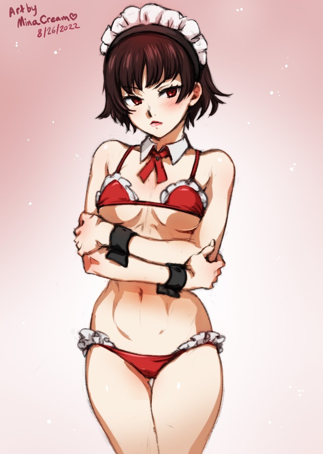 1girls, ass visible through thighs, bangs, bra, breasts, brown eyes, crossed arms, female, female only, frown, looking at viewer, maid, makoto niijima, medium breasts, minacream, panties, persona, persona 5, red eyes, red panties, short hair, solo, thighhighs removed, underboob, underwear