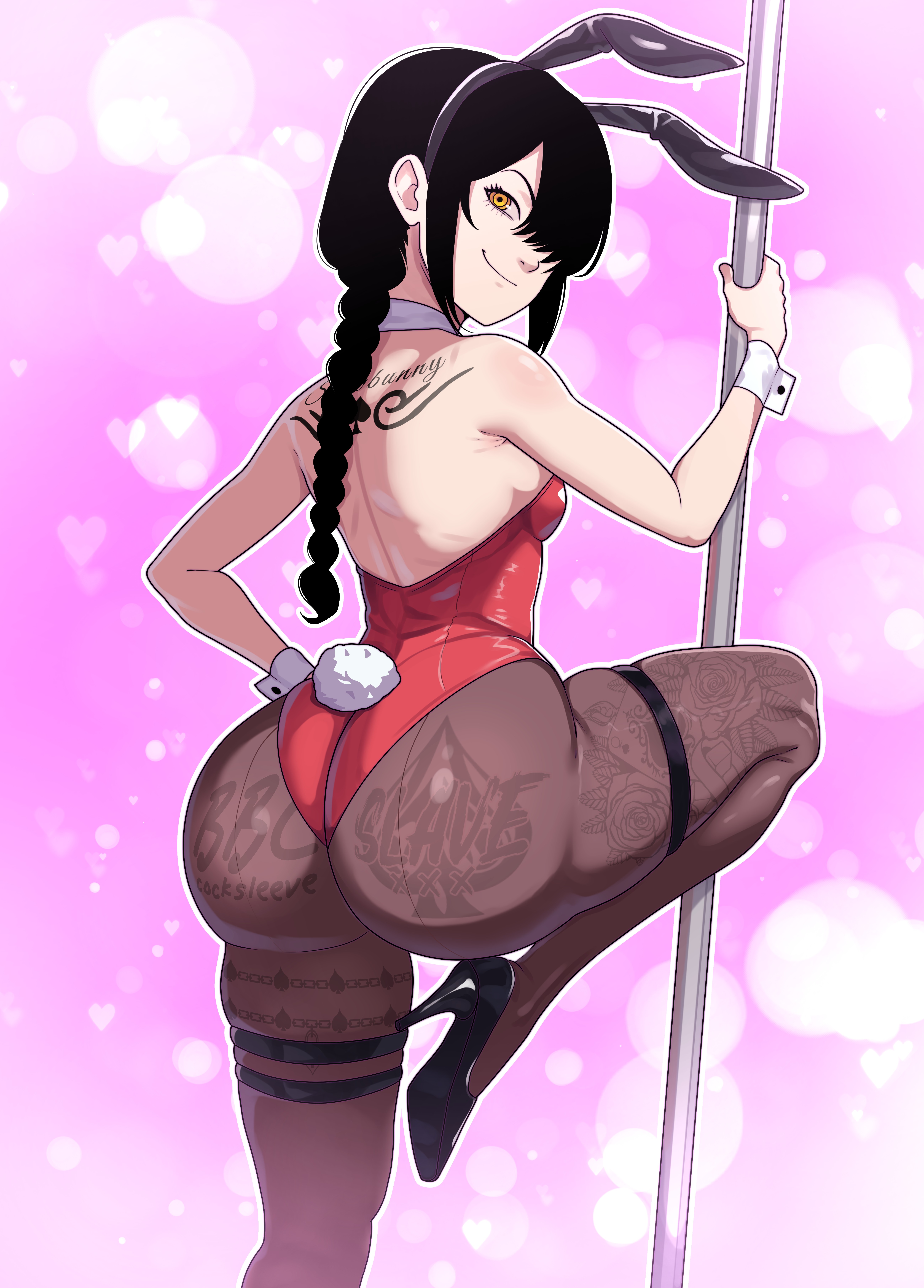 ass, ass focus, bare shoulders, big ass, black heels, blacked, bottom heavy, bunny ears, bunny girl, bunny tail, bunnysuit, chainsaw man, clothing, edit, female, freshnsfw, heart symbol, hi res, high heels, interracial, looking back, nayuta (chainsaw man), pantyhose, pole, pole dancing, qos, qos tattoo, queen of spades, red hair, see-through clothing, see-through panties, snowbunny, solo, spade tattoo, stripper pole, thick ass, thick thighs, third-party edit