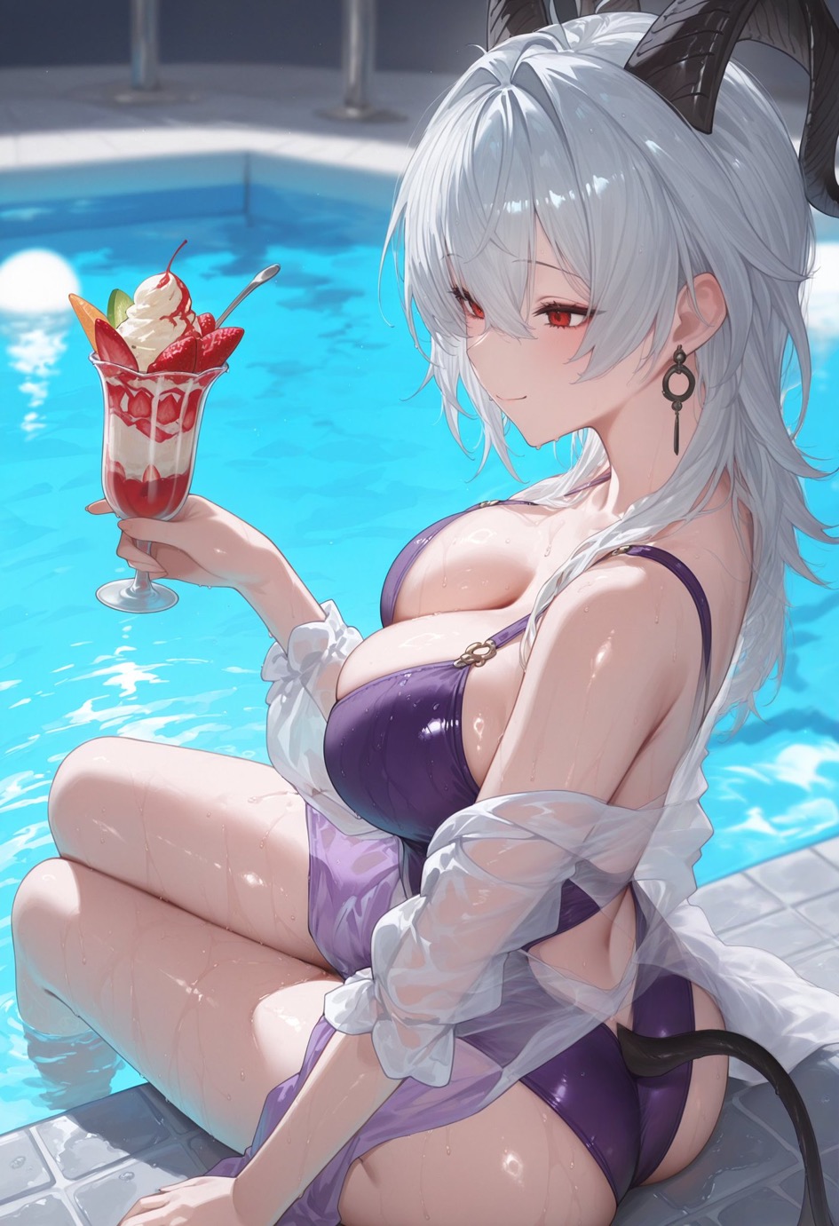 big_breasts blush bodysuit breasts ear_piercing earrings feet_out_of_frame female female_only girl holding_object horns ice_cream pool red_eyes sitting smile swimsuit tail thick_thighs white_hair