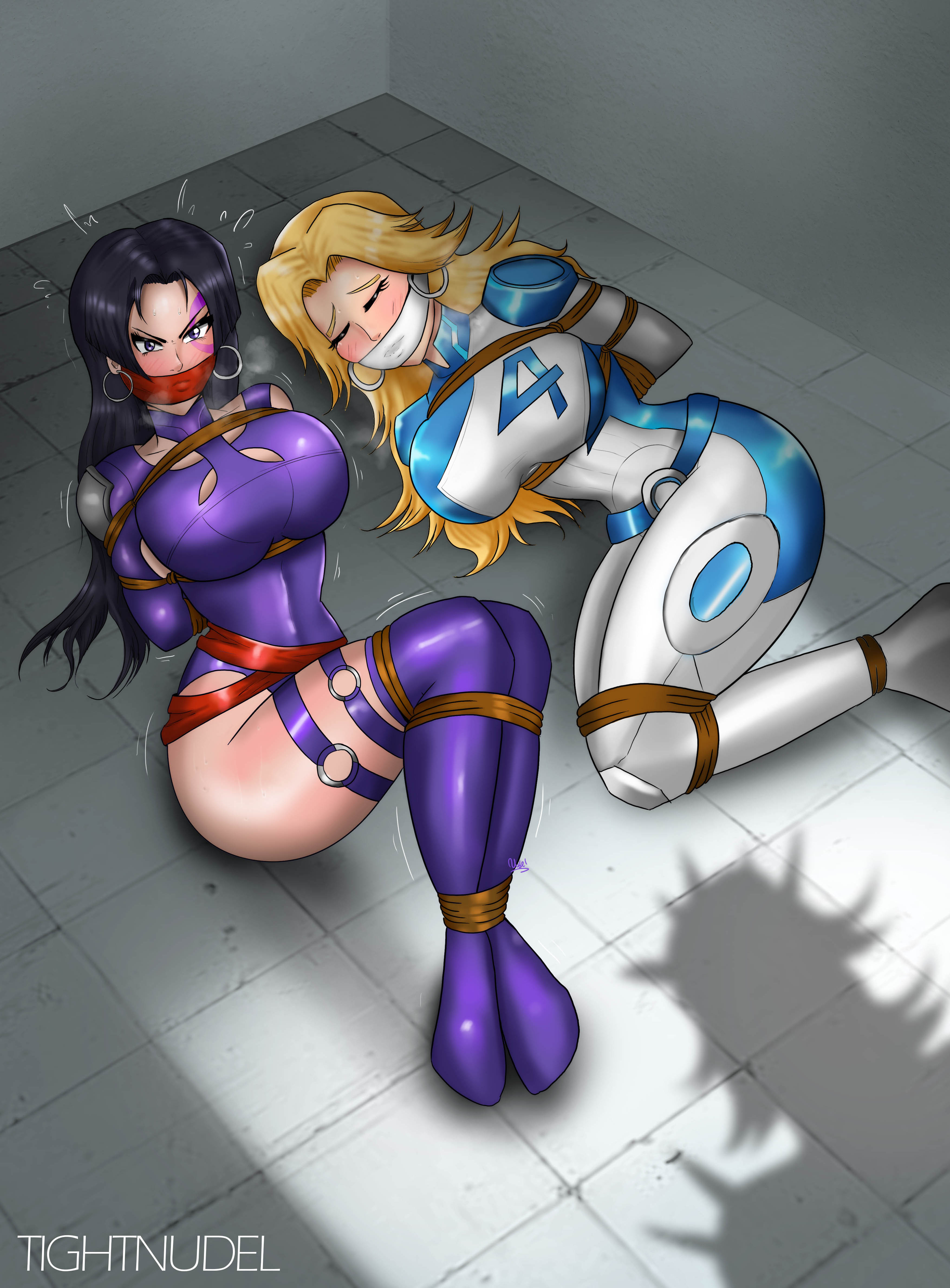 2girls, arms behind back, black hair, blonde hair, bondage, bound, bound arms, box tie, clothed, clothed female, earrings, fantastic four, female, female only, femsub, fully clothed, gag, gagged, hoop earrings, invisible woman, invisible woman (marvel rivals), jewelry, makeup, marvel, marvel rivals, mascara, psylocke, psylocke (marvel rivals), psylocke (sai) (vengeance), rope, shadow, shiny clothes, stockings, sue storm, superheroine, thighhighs, tight clothing, tightnudel, x-men