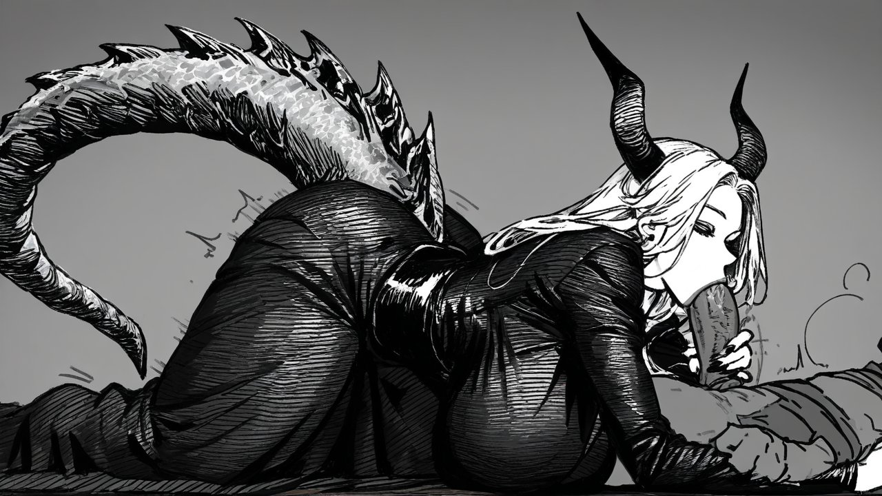 1boy, 1girls, ai generated, big breasts, big penis, big tail, bigger female, black clothing, black dress, blowjob, breasts, dark skin, demon, demon girl, demon horns, demon queen, dragon girl, dragon horns, female, goblin, goblin male, handjob, horn, horns, long hair, male, monster, mr none, penis, smaller male, white hair