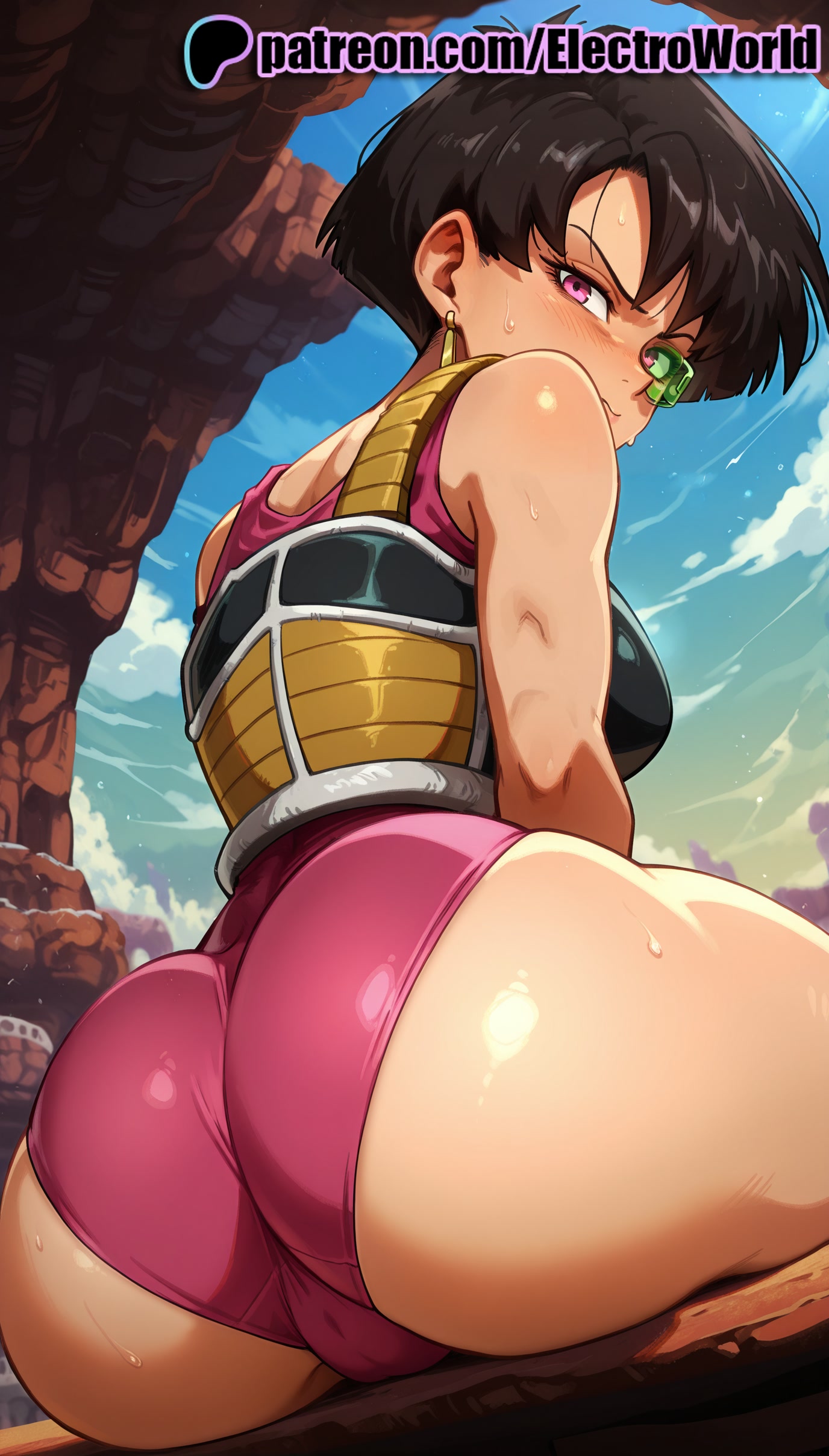 1girls, 2025, ai generated, artist name, ass, black hair, blue sky, breasts, bust, chest, cloud, day, dragon ball, dragon ball z, earrings, electroworld, female, from behind, hi res, high quality, high resolution, highres, jewelry, looking at viewer, looking back, ocean, patreon, patreon username, paymetons plug, scouter, seripa, short hair, sky, solo, stable diffusion, sweat, tinted eyewear, water, watermark