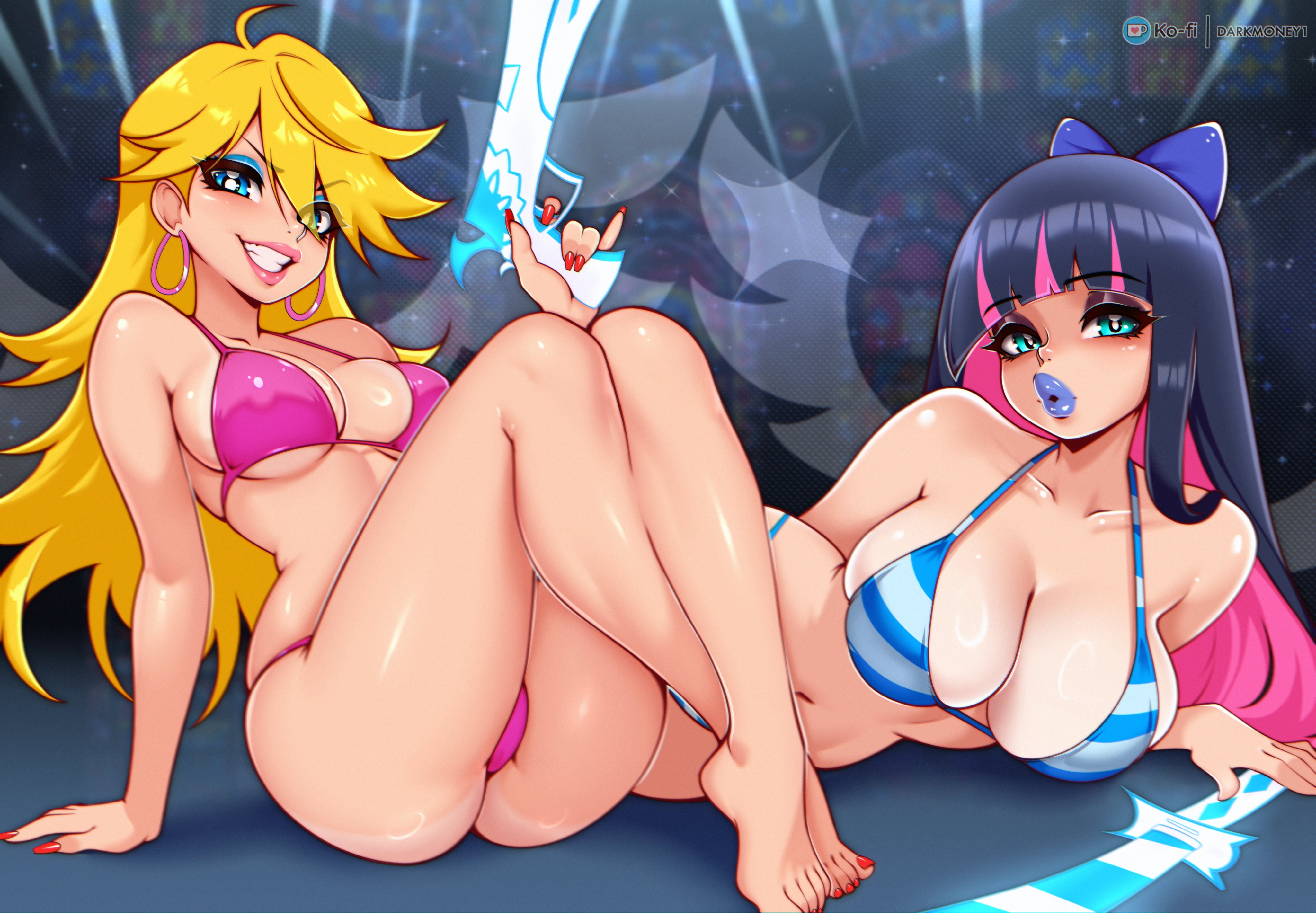 2girls, barefoot, big lips, bikini, bikini bottom, bikini top, blonde hair, blue bikini, blue eyes, blue eyeshadow, blue hair, blue lips, blue lipstick, bottomwear, clothing, darkmoney1, ear piercing, earrings, eyeshadow, feet, female, female only, firearm, gun, hair, hair ornament, hair ribbon, handgun, holding object, holding weapon, hoop earrings, human, legs, lips, lipstick, long hair, makeup, nail polish, nails, on side, pale skin, panty & stocking with garterbelt, panty anarchy, parted lips, pink bikini, pink hair, pink lipstick, purple eyeshadow, red nail polish, red nails, ribbon, smile, stocking anarchy, striped bikini, swimwear, sword, teeth, thick lips, thighs, toenail polish, topwear, two-tone hair, weapon, wings