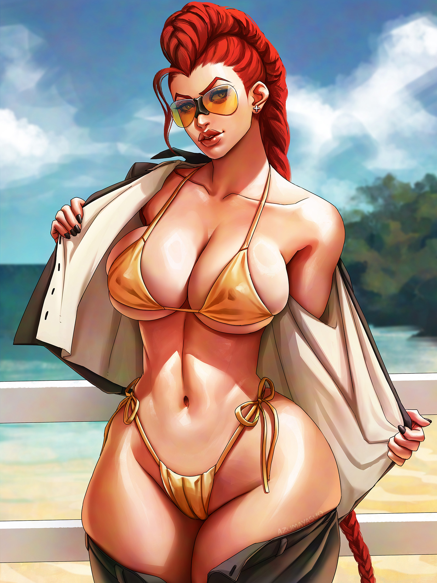 2d, azuma yasuo, azumaarts, big breasts, bikini, braid, breasts, busty, crimson viper, earrings, eyewear, female, golden bikini, hourglass figure, large breasts, long hair, makeup, meme, milf, nail polish, navel, outdoors, outside, street fighter, sunglasses, tinted eyewear, undressing, wide hips