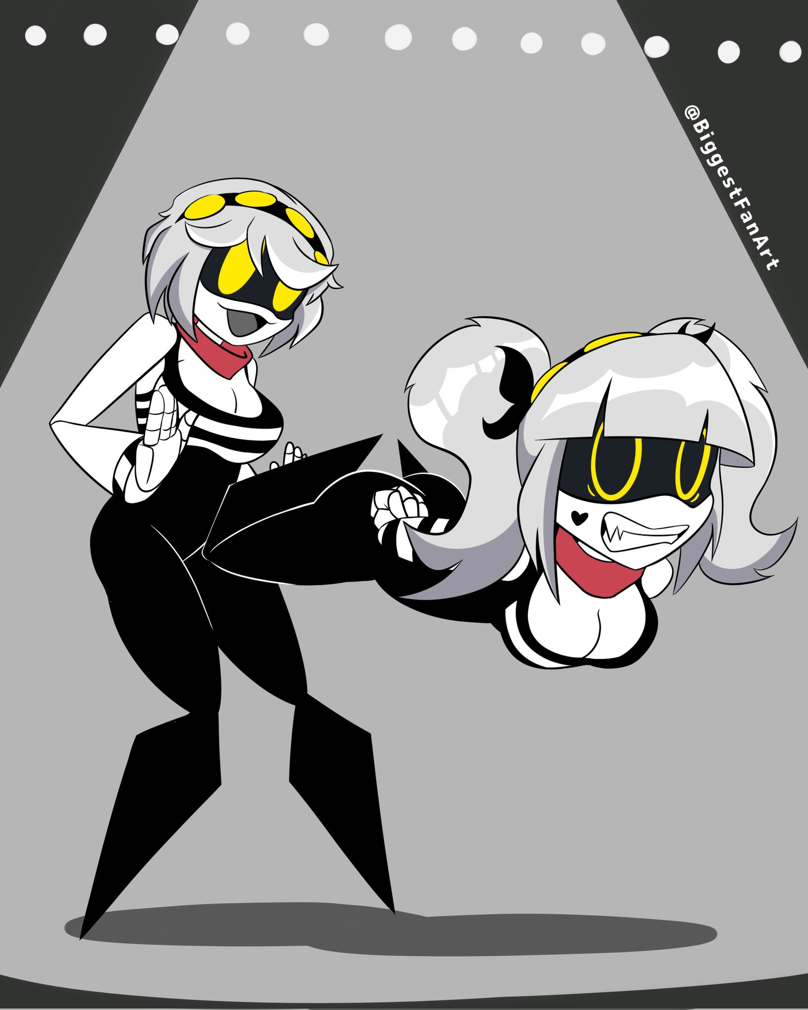 2girls, big breasts, biggestfanart, breasts, clothing, comedy gold, cosplay, female, female only, invisible object, j (murder drones), mime and dash, murder drones, robot, robot girl, tagme, thick thighs, v (murder drones), yuri