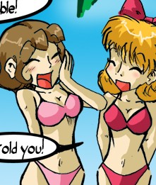 2000s 2008 2d 2d_(artwork) 2d_artwork bare_arms bare_legs bare_midriff bare_shoulders bare_thighs belly_button bikini bikini_bottom bikini_top blonde_hair blue_background blue_sky blush blush blush_lines bow bow_ribbon brown_hair cleavage closed_eyes comic comic_page comic_panel deviantart earthbound eyelashes hairbow hourglass_figure hourglass_figured_female ice_climber light-skinned_female light_skin midriff mother_(series) nana_(ice_climber) navel open_mouth paula_jones pink_bikini pink_bikini_bottom pink_bikini_top red_bikini red_bikini_bottom red_bikini_top red_bow red_bow_ribbon red_hair_bow short_hair small_boobs small_breasts super_smash_bros. super_smash_bros._brawl super_smash_bros._ultimate swimsuit swimwear tamarinfrog_(artist) text text_box text_bubble two-piece_swimsuit