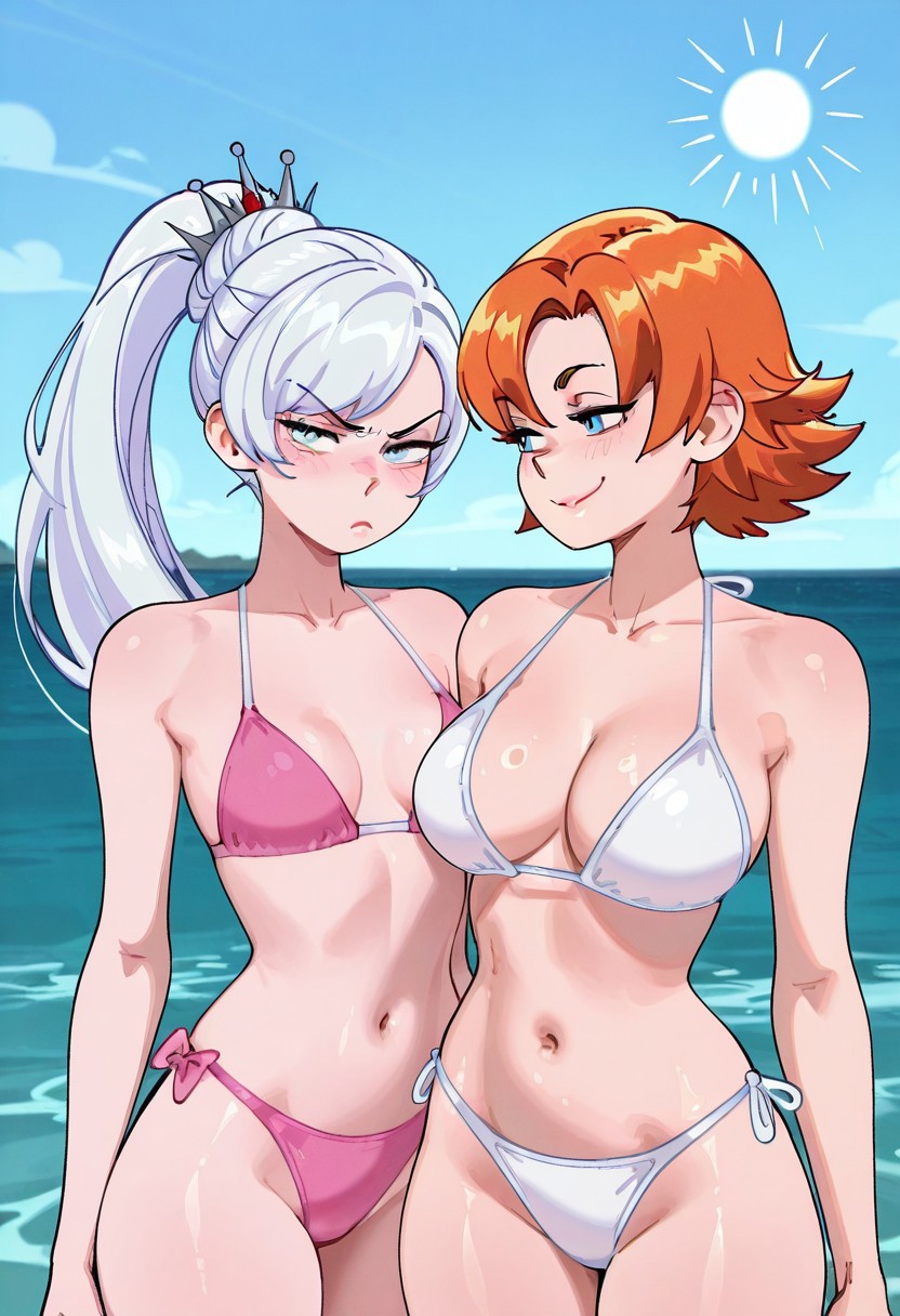 2girls ai_generated annoyed annoyed_expression beach_background big_breasts bikini female_only long_hair meme mother_daughter_boob_envy_(meme) nora_valkyrie orange_hair rwby short_hair small_breasts smile smug smug_face smug_smile tagme weiss_schnee white_hair