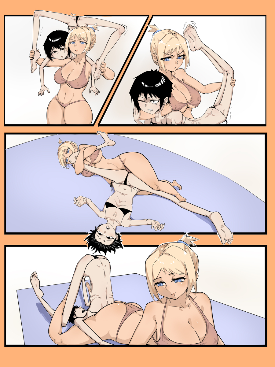 2girls bikini breasts butt_crack catfight edke flat_chest highres large_breasts multiple_girls original ribs swimsuit tagme thick_thighs thighs wrestling