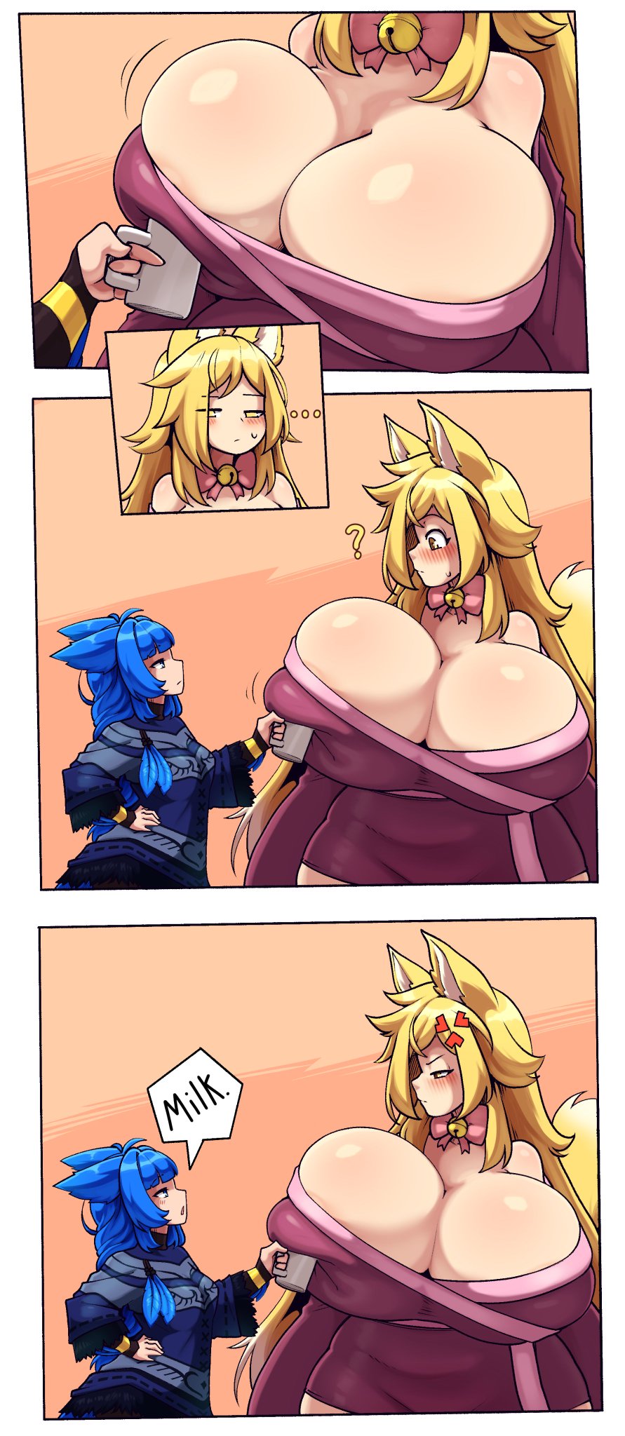 ... 2d 2females 2girls ? angry angry_expression angry_sub areola_slip areolae bell_collar big_breasts big_nipples blue_eyes blue_hair breasts breasts_bigger_than_head clothing collar cup curvy curvy_figure digital_drawing_(artwork) female female_only fox_tail hand_on_breast hand_on_hip huge_breasts huge_nipples large_breasts motion_lines nervous nipples oc original_character serious serious_face serious_look size_difference surprise surprised swear text text_bubble the_yeager theyeager visible_areolae yellow_eyes yellow_hair