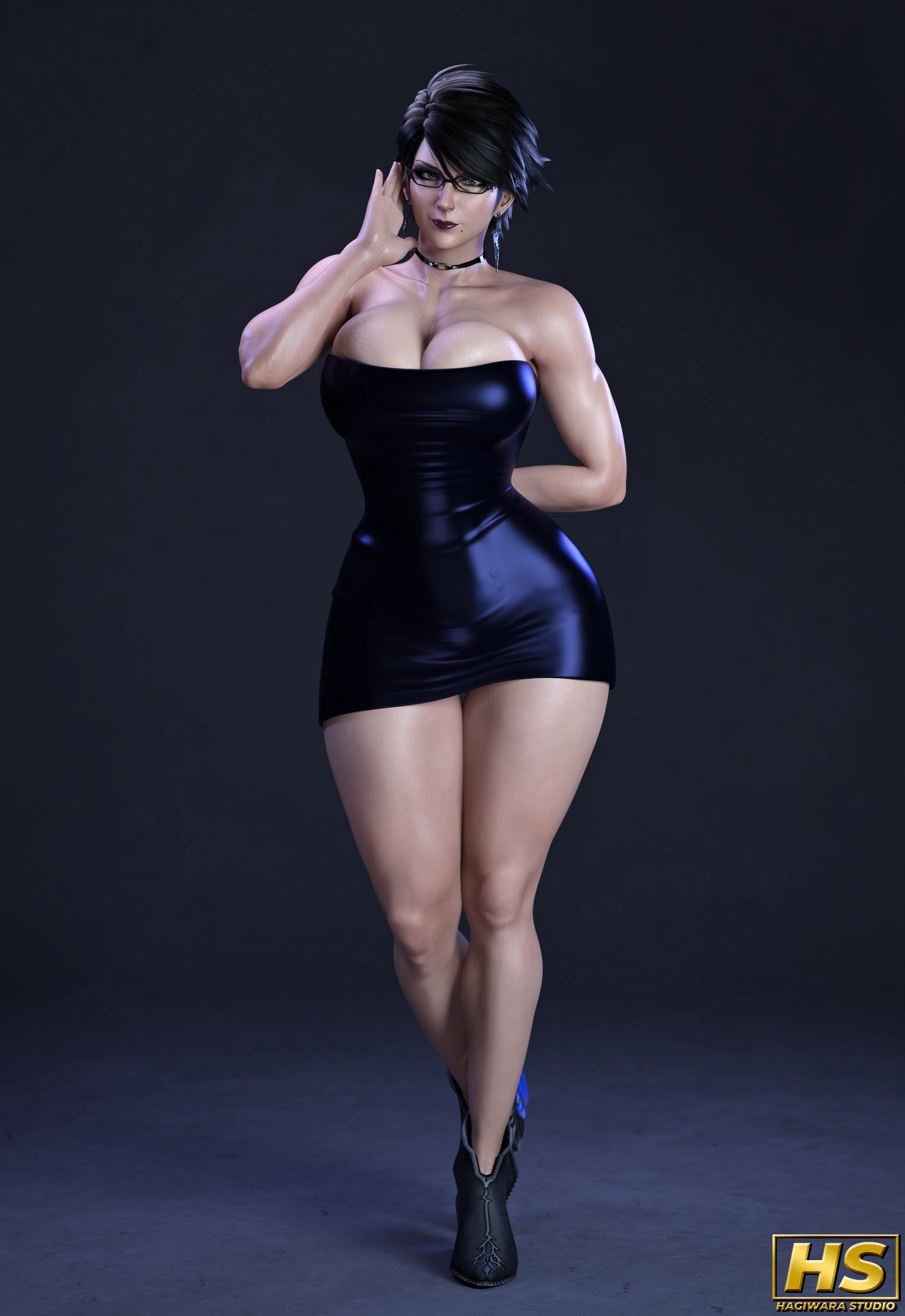 1girls, 3d, ass, bayonetta, bayonetta (character), bayonetta 2, beauty mark, big ass, big breasts, black hair, breasts, bursting breasts, cleavage, dress, earrings, female, female only, glasses, hagiwara studio, makeup, overflowing breasts, short dress, skimpy, skimpy clothes, skimpy dress, solo, thick thighs