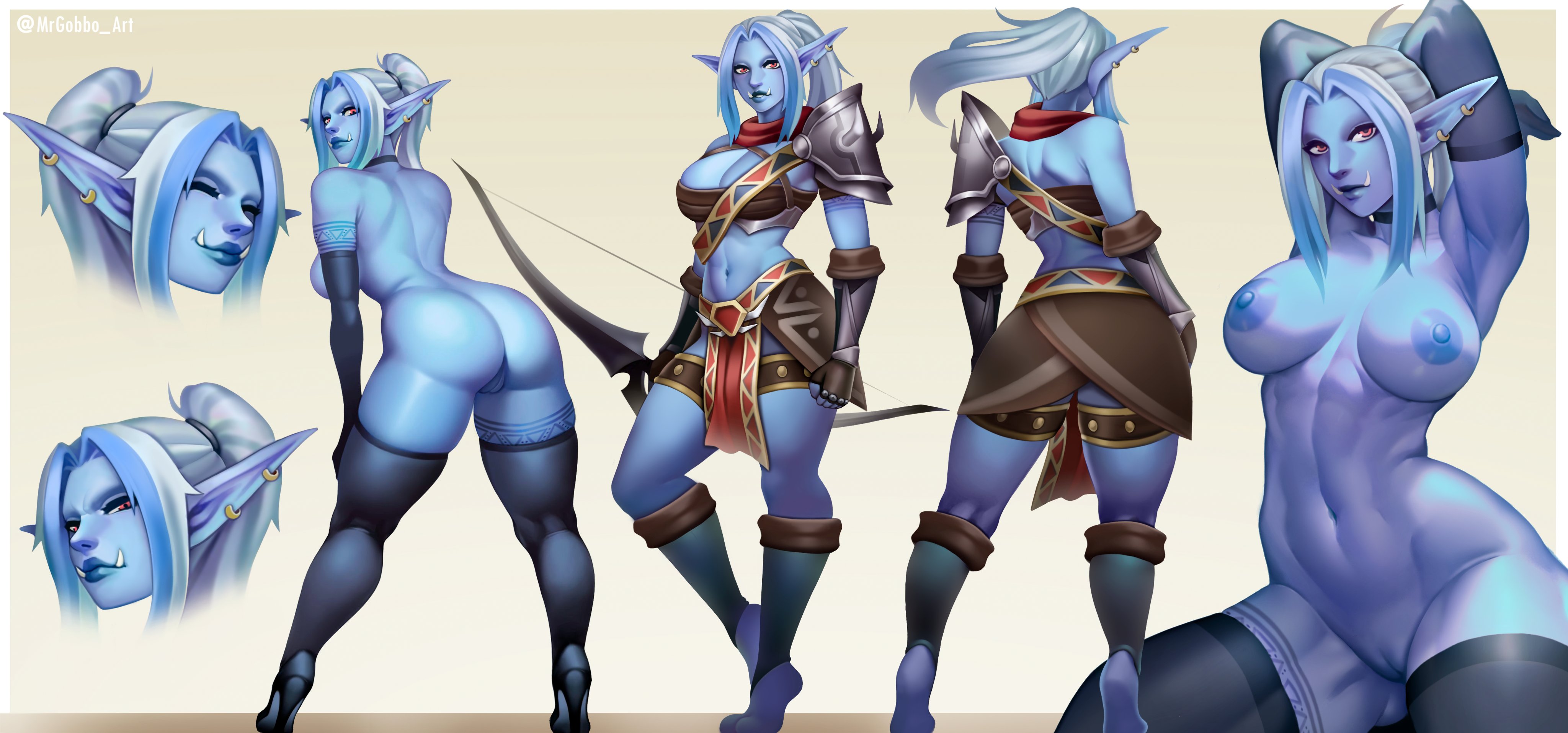 16:9, 1girls, absurd res, areolae, armor, arms behind head, ass, blizzard entertainment, blue hair, blue skin, breasts, character sheet, choker, clothed, clothing, earrings, fangs, female, female only, heels, long hair, looking at viewer, model sheet, mrgobbo, multiple views, naked footwear, nipples, nude, nude female, pointy ears, ponytail, pussy, red eyes, reference sheet, smile, smiling, solo, solo female, stockings, thick ass, thick thighs, troll, troll (warcraft), troll female, two-tone hair, warcraft, white hair, widescreen, world of warcraft