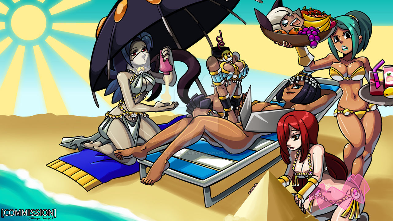 2010s, 2d, 2d (artwork), 2d artwork, apples, aqua eyes, bananas, bare arms, bare breasts, bare legs, bare midriff, bare shoulders, bare thighs, barefoot, beach, beach background, beach chair, beach towel, beach umbrella, bead necklace, beaded jewelry, beads, bell, bell collar, belly button, belly dancer, belly dancer outfit, big breasts, black bracelet, black collar, black eyes, black hair, black lips, black lipstick, black miniskirt, black skirt, black-haired female, blue bracelet, blue hair, blue topwear, blunt bangs, bob cut, bracelet, breasts, brown eyes, cat collar, cat ears, cat girl, cat tail, catgirl, cerebella, cleavage, dancer, dancer class, dancer girl, dancer outfit, egyptian, egyptian female, eliza (skullgirls), eyelashes, face veil, female, fruit, fruit bowl, glass, gold (metal), gold beads, gold bell, gold bikini, gold bikini bottom, gold bikini top, gold bracelets, gold jewelry, golden bell, golden bikini, golden bikini bottom, golden bikini top, golden bracelets, grapes, green hair, green lips, green lipstick, grey skin, grey-skinned female, harem, harem girl, harem girls, harem jewelry, harem outfit, head, headless, headless woman, hourglass figure, hourglass figured female, inner sideboob, juice, juice box, krieg (skullgirls), light skin, light-skinned female, loincloth, long hair, looking at viewer, midriff, miniskirt, nadia fortune, naked, naked female, naked underneath, navel, oranges, overboob, parasoul, pink silk, plate, ponytail, pyramid, red eyes, red hair, seaside, see-through, see-through clothing, see-through silk, see-through veil, short hair, sideboob, silk bra, silk veil, silver eyes, skirt, skullgirls, slave, slave bikini, slave collar, slave girl, slave outfit, sunbathing, sunlight, sunscreen, tan skin, tan skinned female, thick thighs, topwear, underboob, unhinged-honey, valentine (skullgirls), veil, white hair, white loincloth, white topwear, white veil