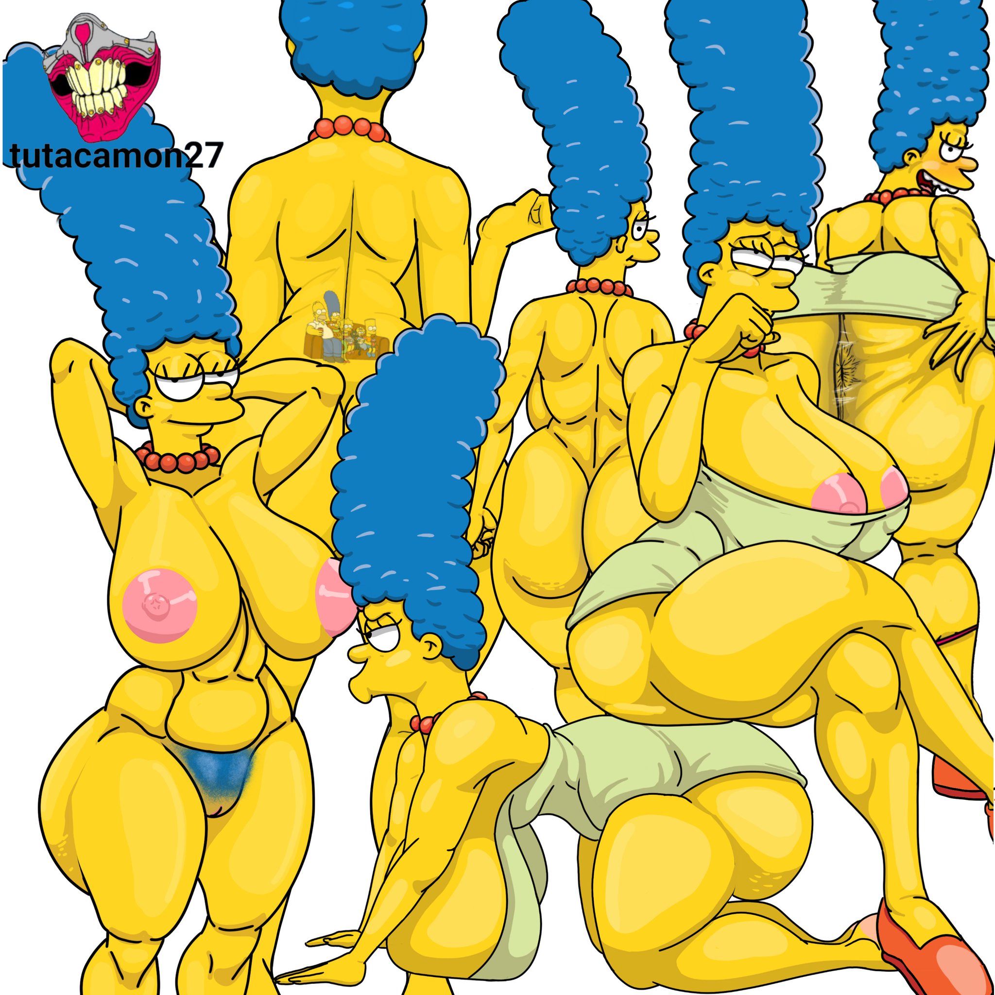 1girls, anus, anus peek, big ass, big breasts, blue hair, breasts, female, hairy pussy, hyperpigmentation, marge simpson, milf, pussy, sketch, tattoo, the simpsons, white background, yellow eyes, yellow skin